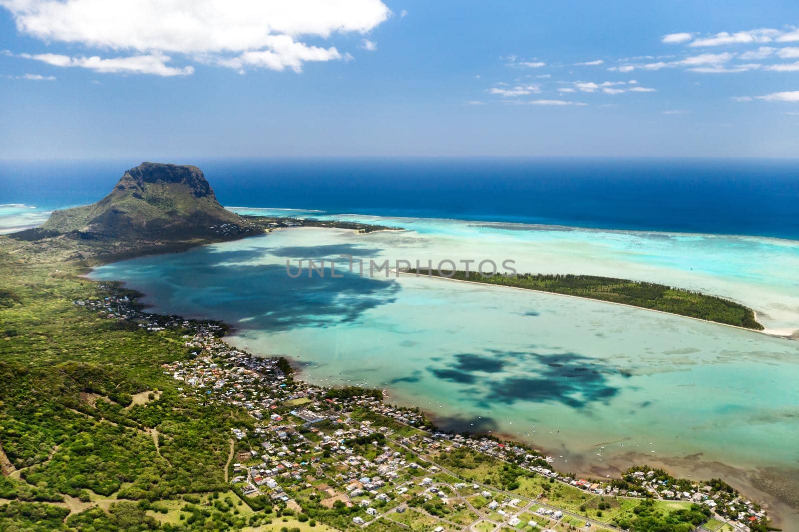 Bird's eye view of Mount Le Morne Brabant on the island of Mauritius.