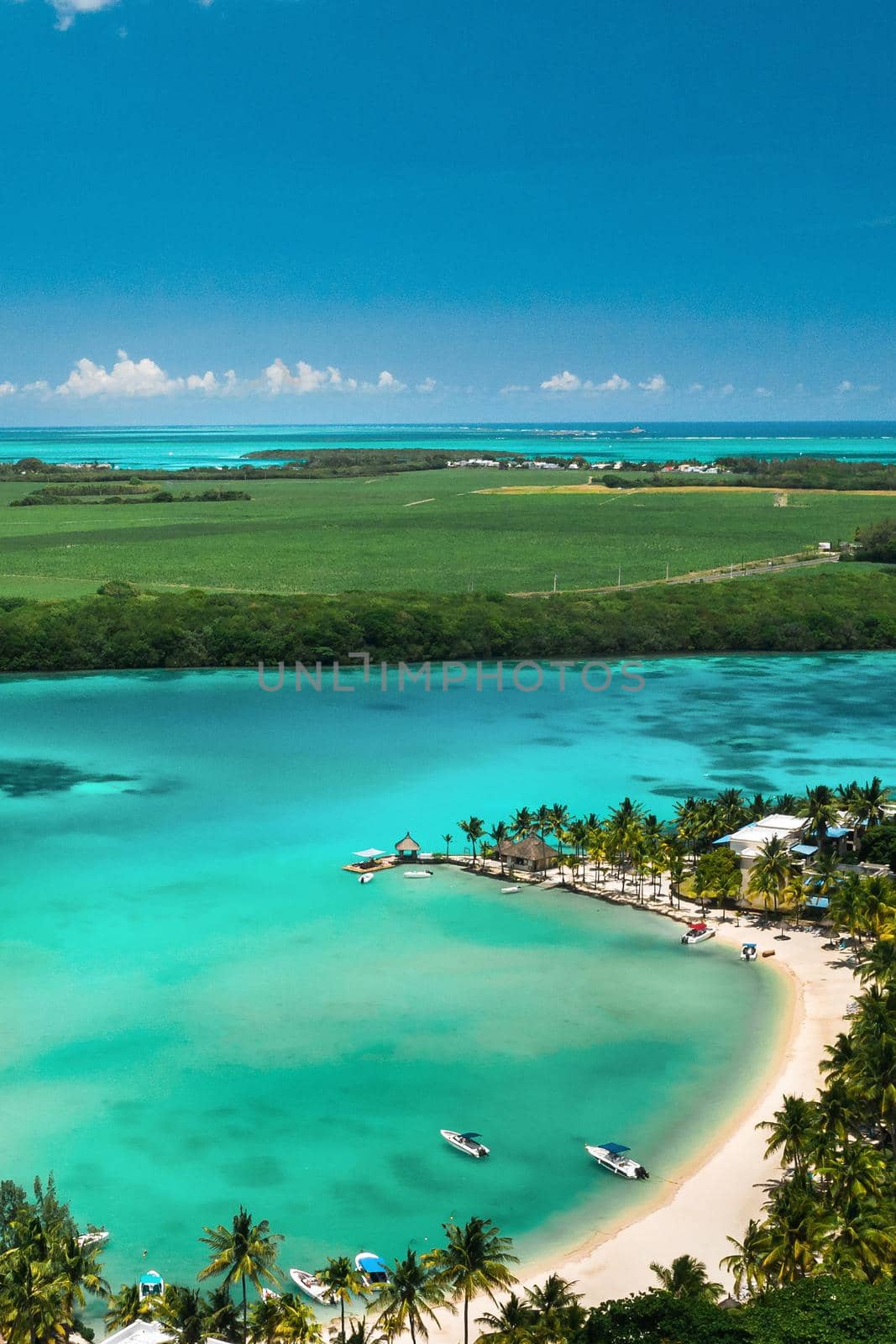 View from the height of the east coast of the island of Mauritius in the Indian Ocean. Beautiful lagoon of the island of Mauritius