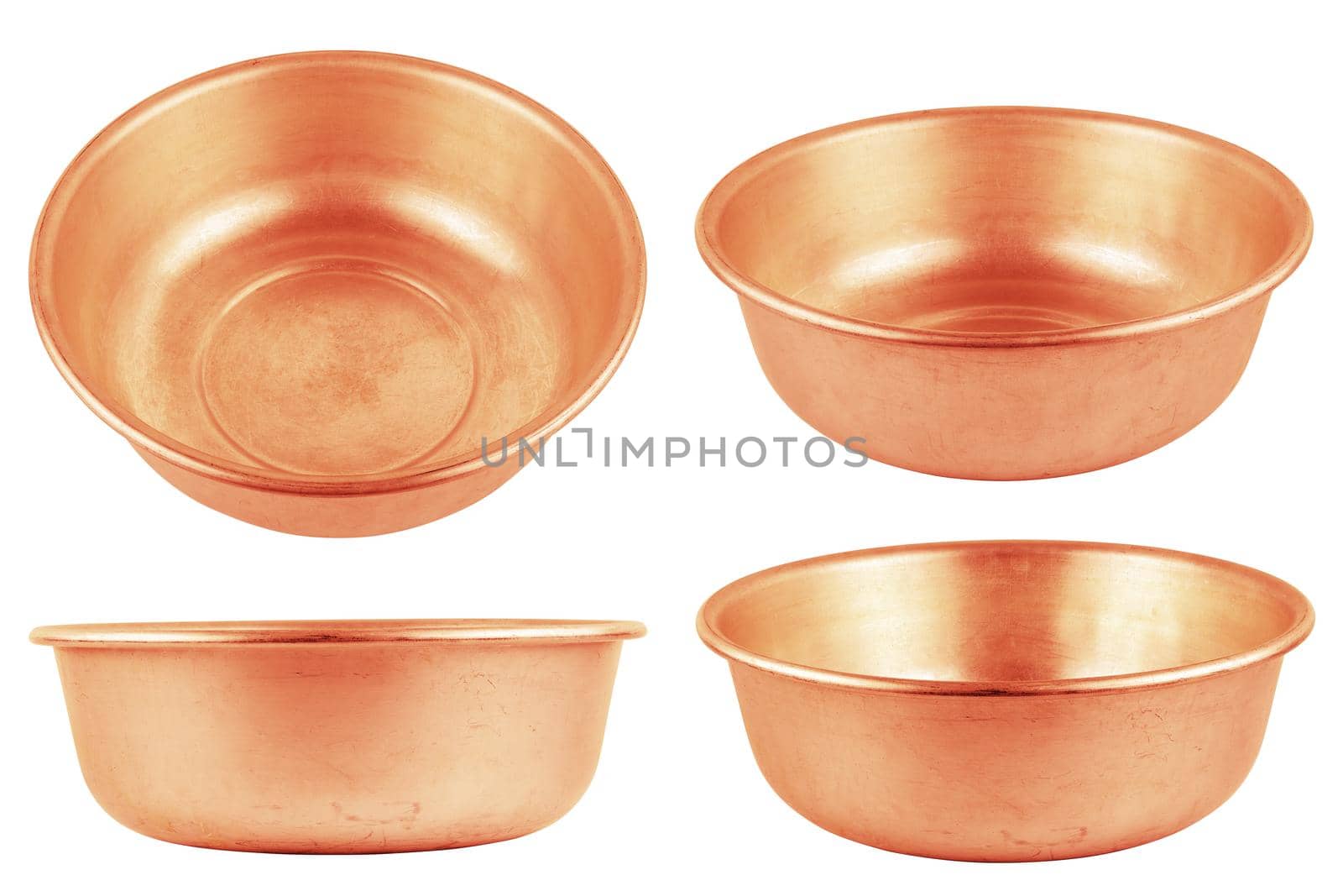 set of different views of used bare uncoated copper made empty basin isolated on white background