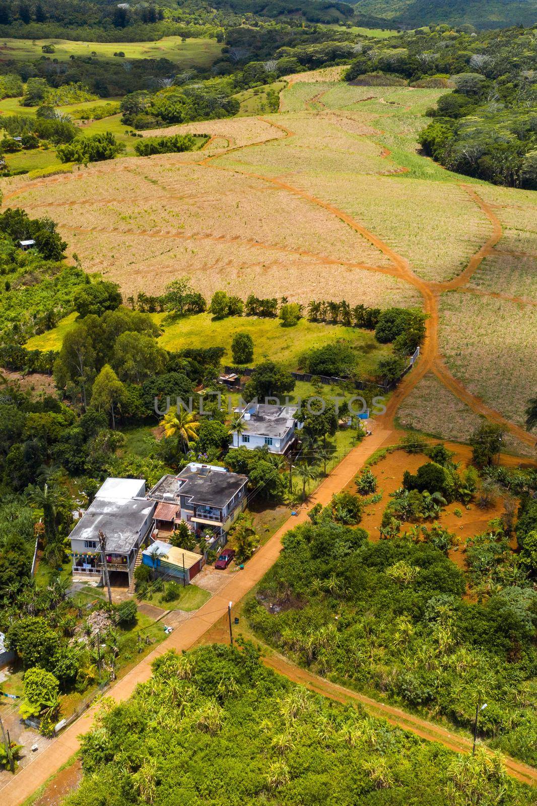 Bird's-eye view of the mountains and fields of the island of Mauritius.Landscapes Of Mauritius. by Lobachad