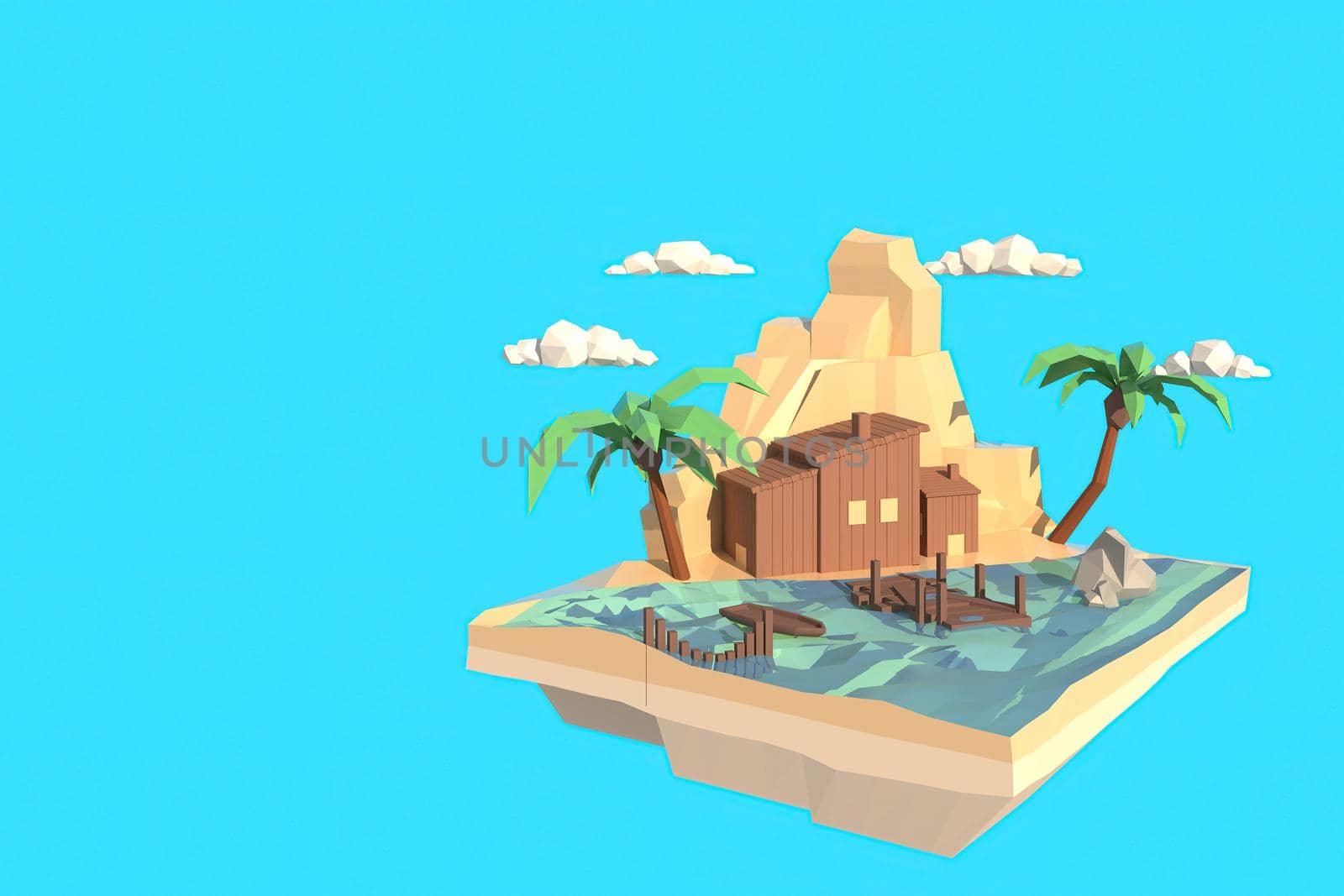 3D illustrator small house by the river. 3d rendering Low Polygon Geometry. Lowpoly Minimal Style Art.