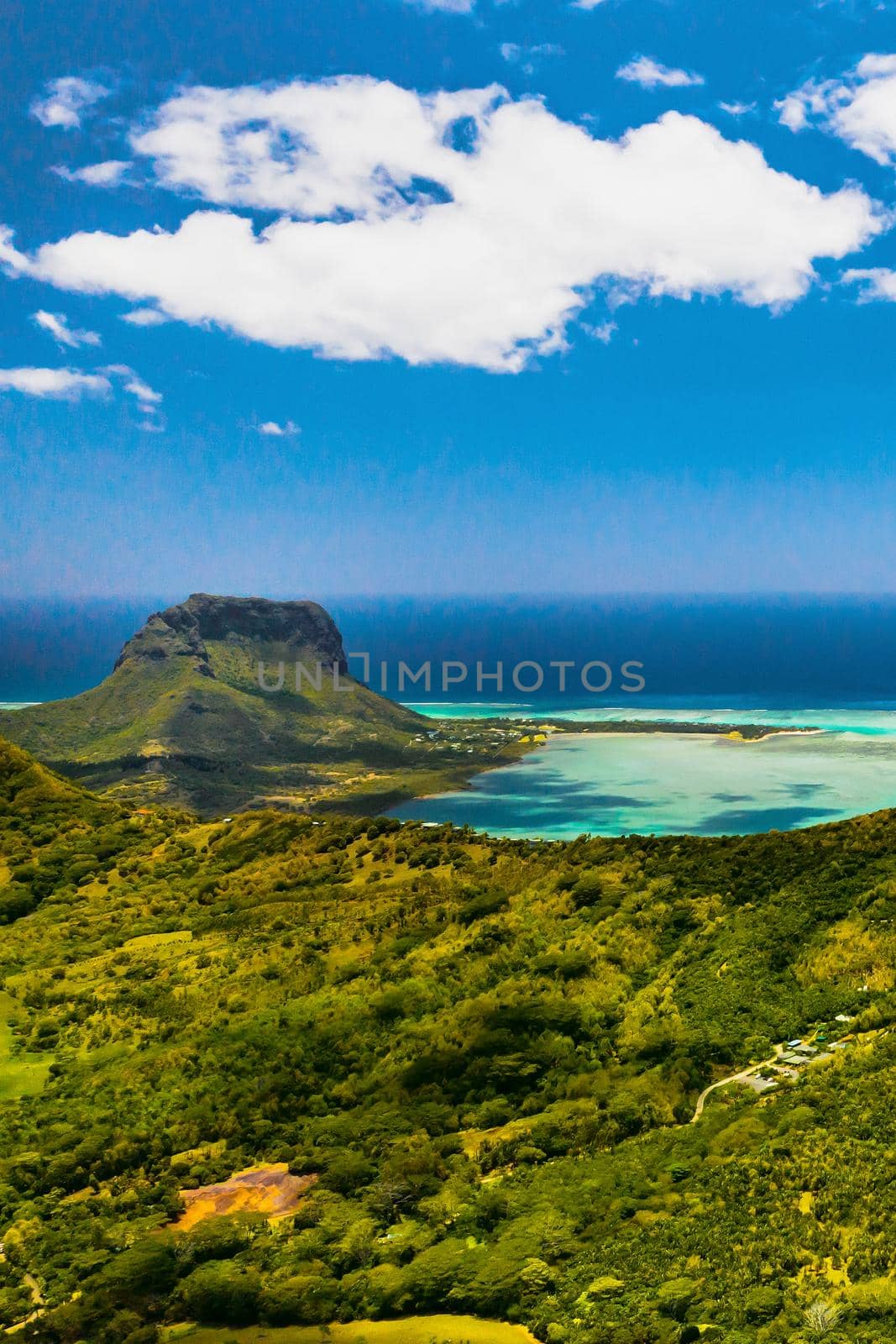 A bird's-eye view of Le Morne Brabant, a UNESCO world heritage site.View of the Sands Chamarel.