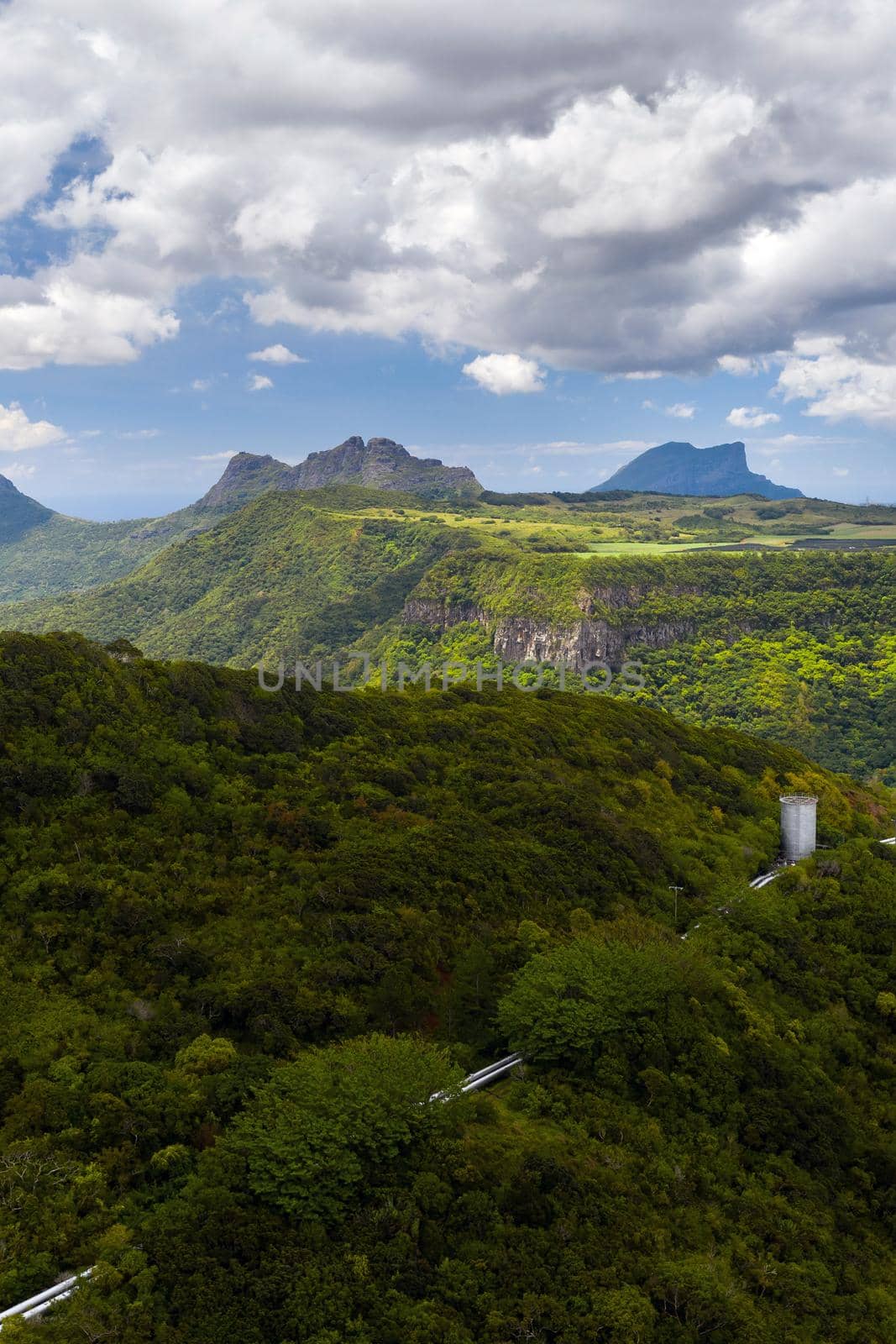 Mountain Landscape of the gorge on the island of Mauritius, Green mountains of the jungle of Mauritius.
