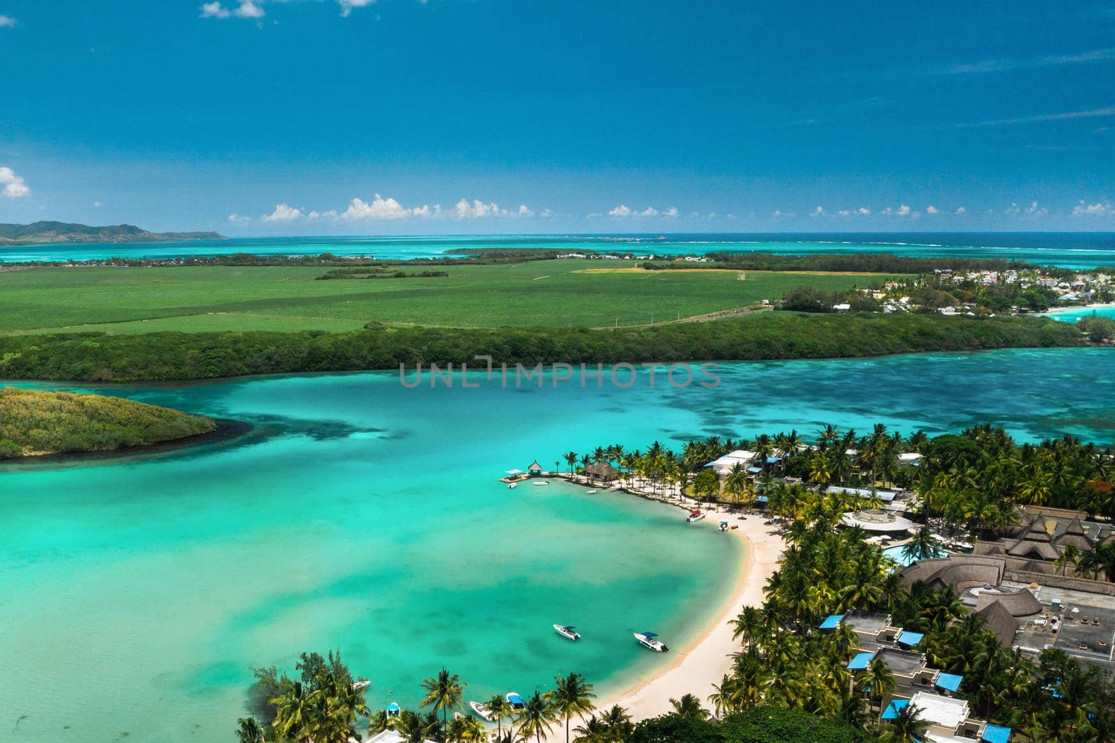 View from the height of the east coast of the island of Mauritius in the Indian Ocean. Beautiful lagoon of the island of Mauritius