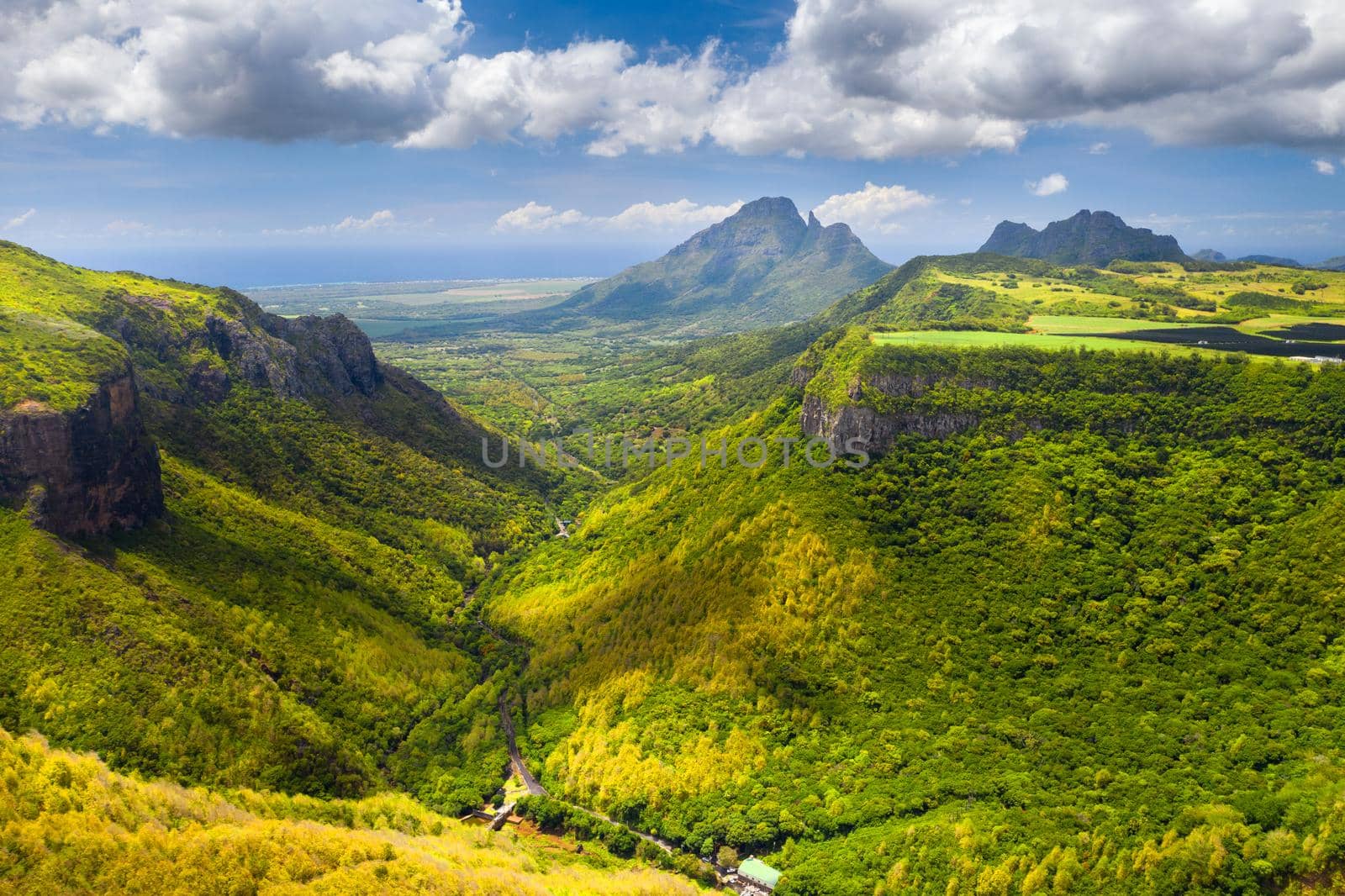 Mountain Landscape of the gorge on the island of Mauritius, Green mountains of the jungle of Mauritius.