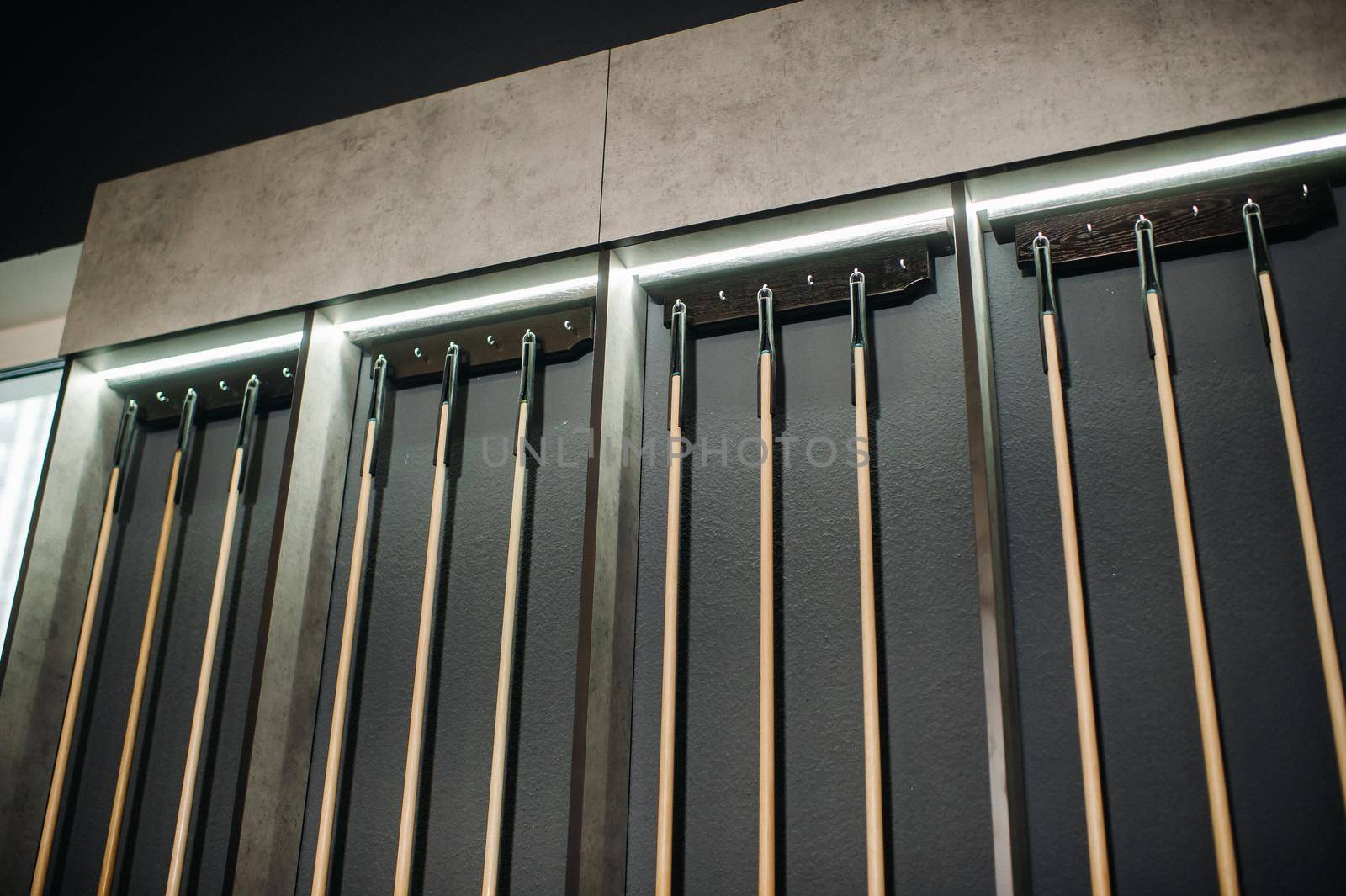 Billiard cue in the game club.Billiard club.