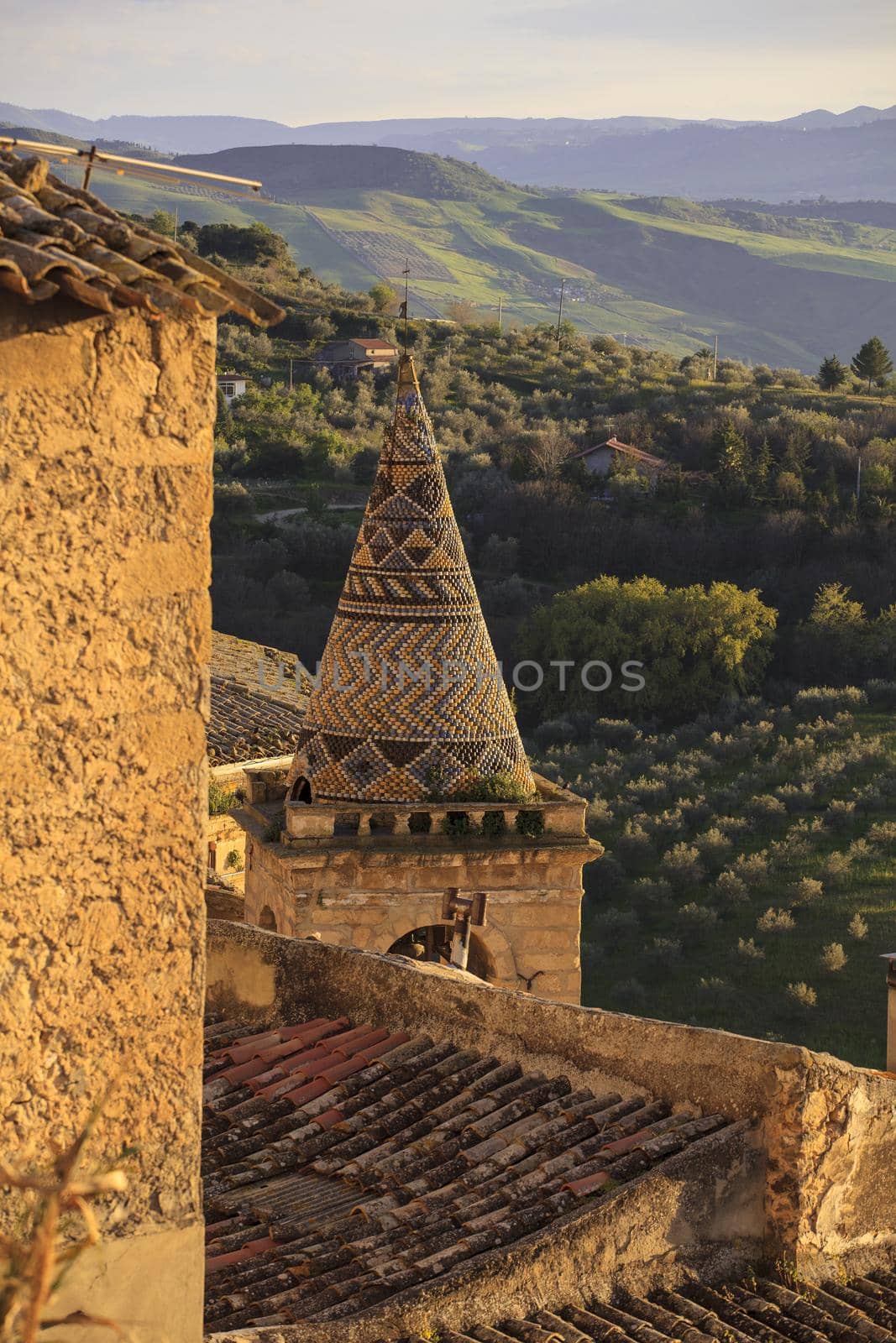 View of the Bell tower of Mother church in Leonforte, Italy