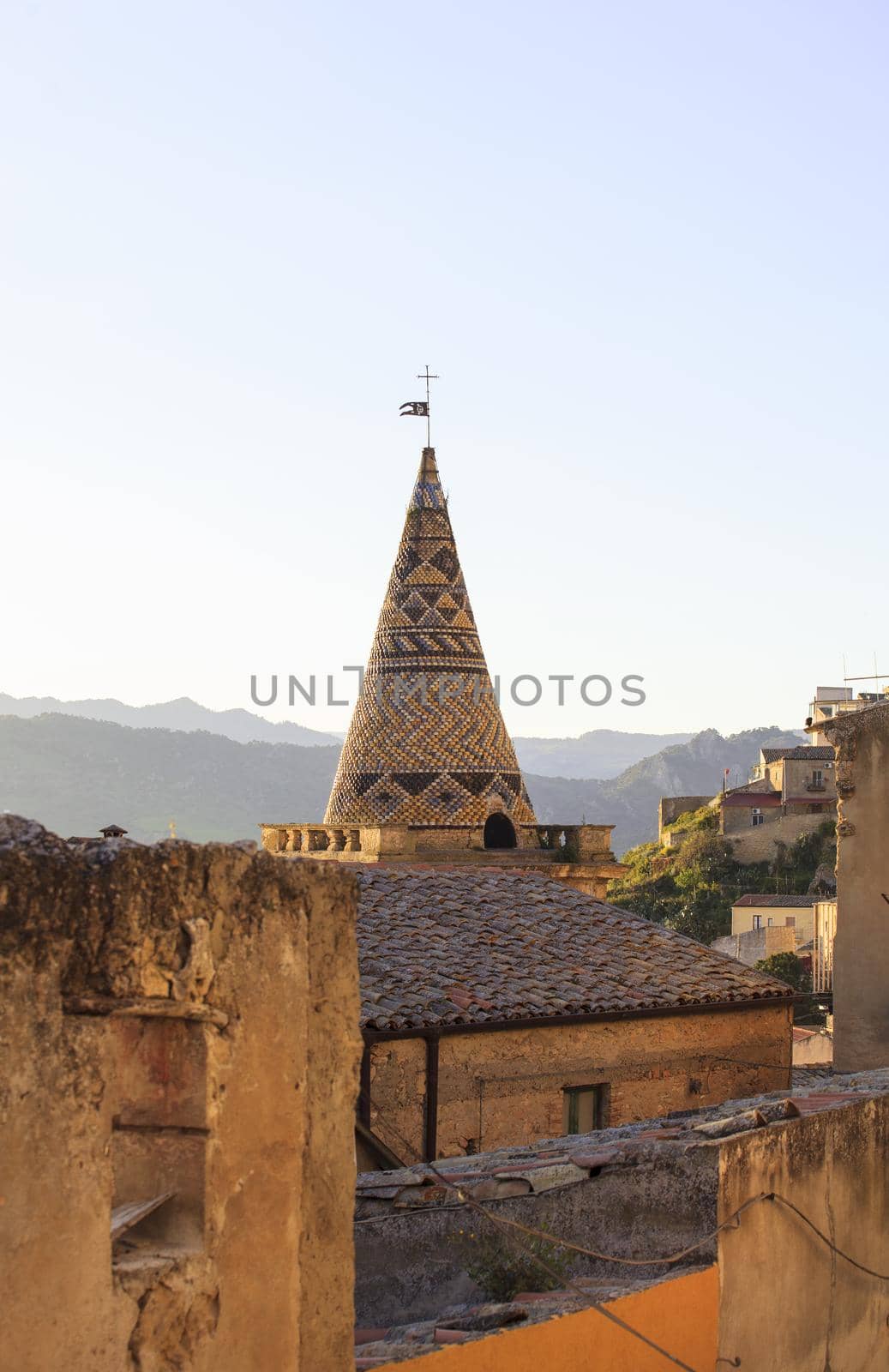 View of the Bell tower of Mother church in Leonforte, Italy