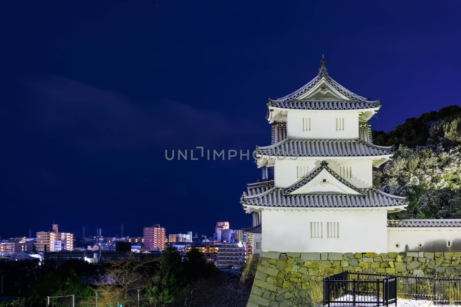 Historic Japanese castle lit at night with lights from modern city in background. High quality photo