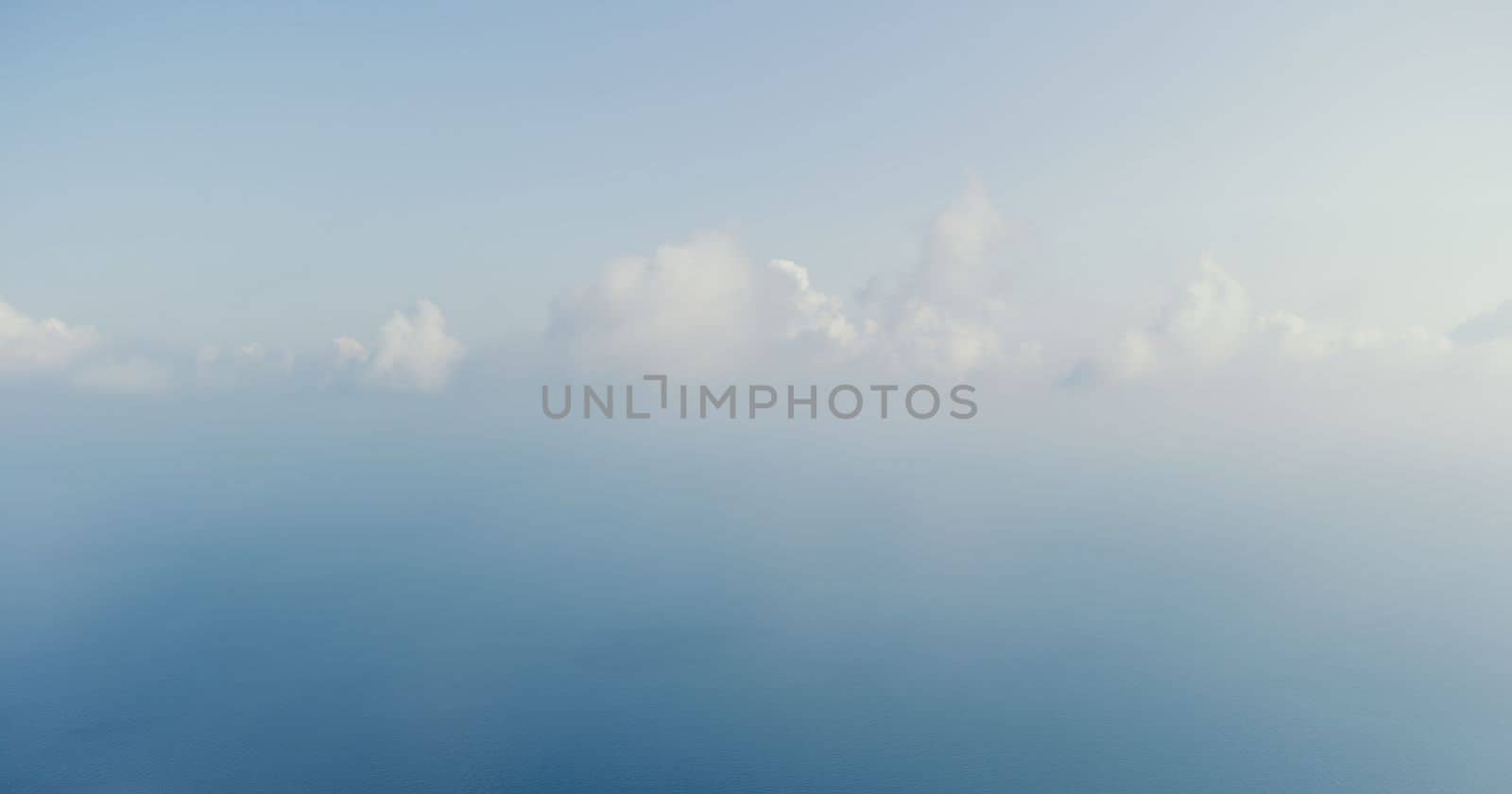 Blue sky with white clouds moving panorama summer. Sea in light of day aerial view of drone slide forward. Small waves on sea. Sunny sunset over the sea. Sun way. Horizon