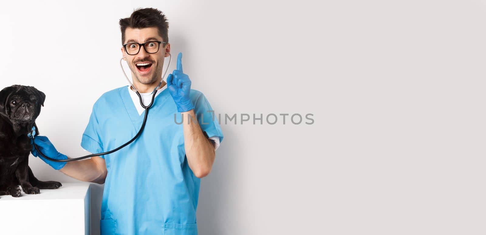 Excited male doctor veterinarian having an idea while examining cute pug dog with stethoscope, raising finger in eureka sign, white background.