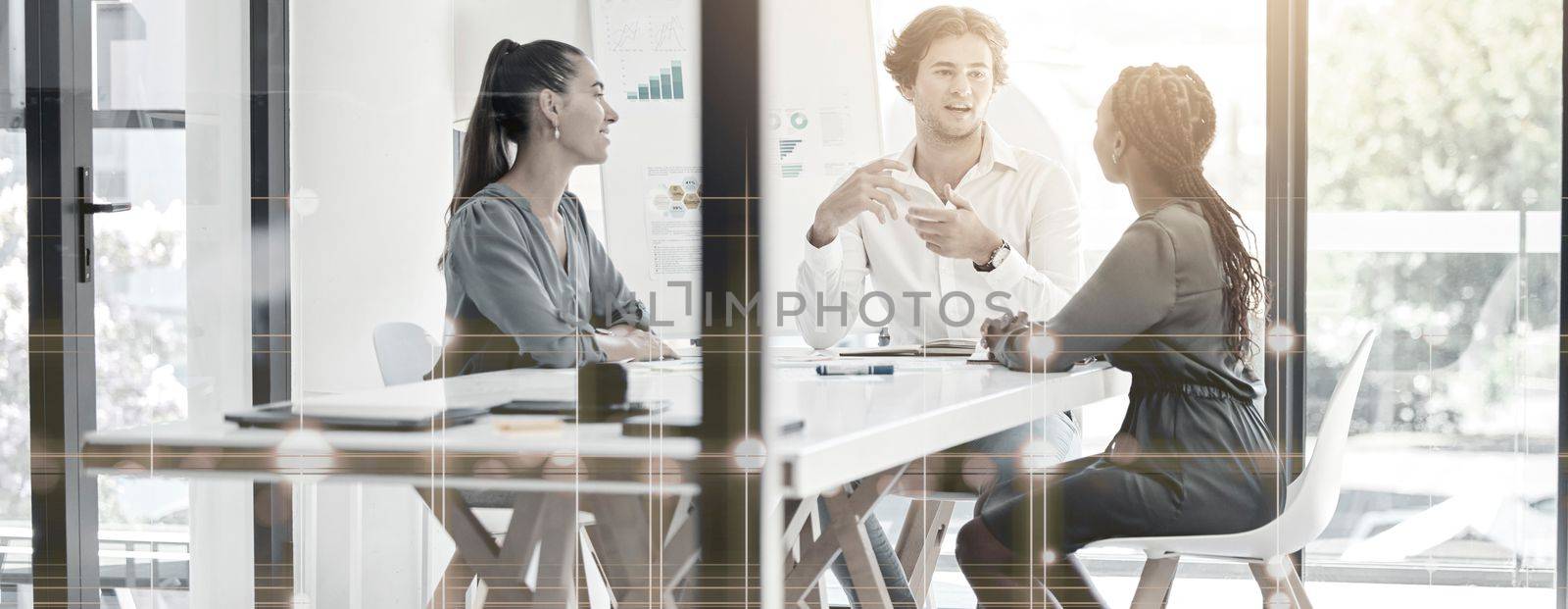 Meeting, collaboration and planning with a business team in the boardroom for strategy and communication. Training, teamwork and workshop with a man and woman employee group in the office together.