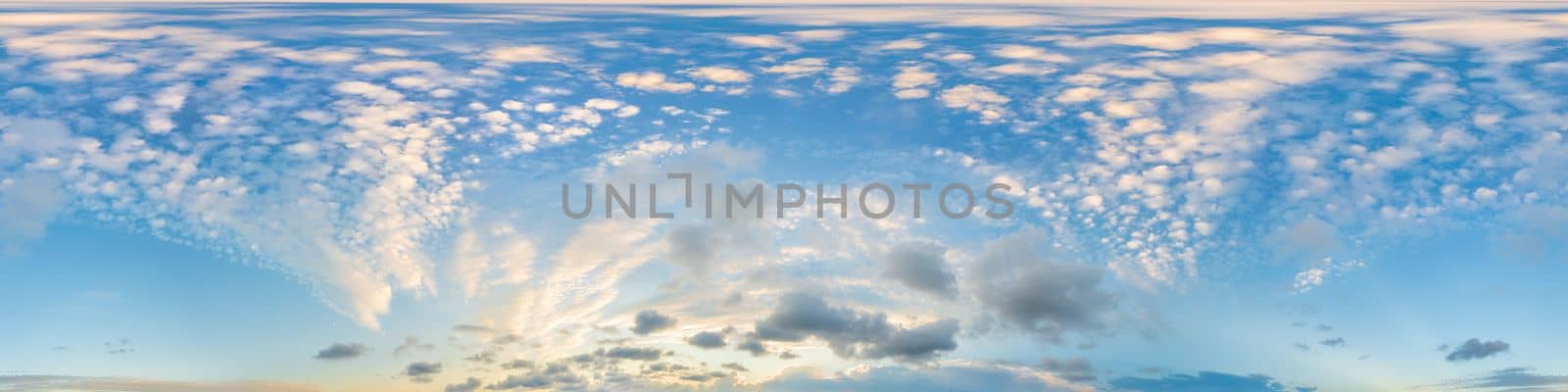 Sky panorama with Cirrus clouds in Seamless spherical equirectangular format. Full zenith for use in 3D graphics, game and editing aerial drone 360 degree panoramas for sky replacement