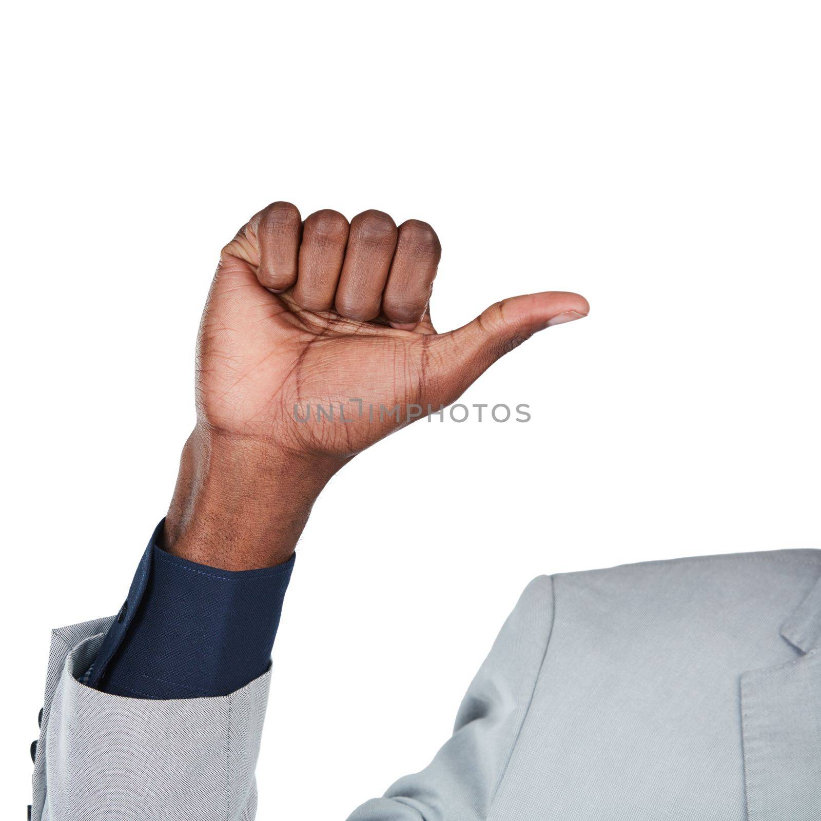 Business man, hand and pointing finger sign for choice mockup isolated on white background. Hands of male entrepreneur show symbol, emoji or gesture communication for vote and option in studio.