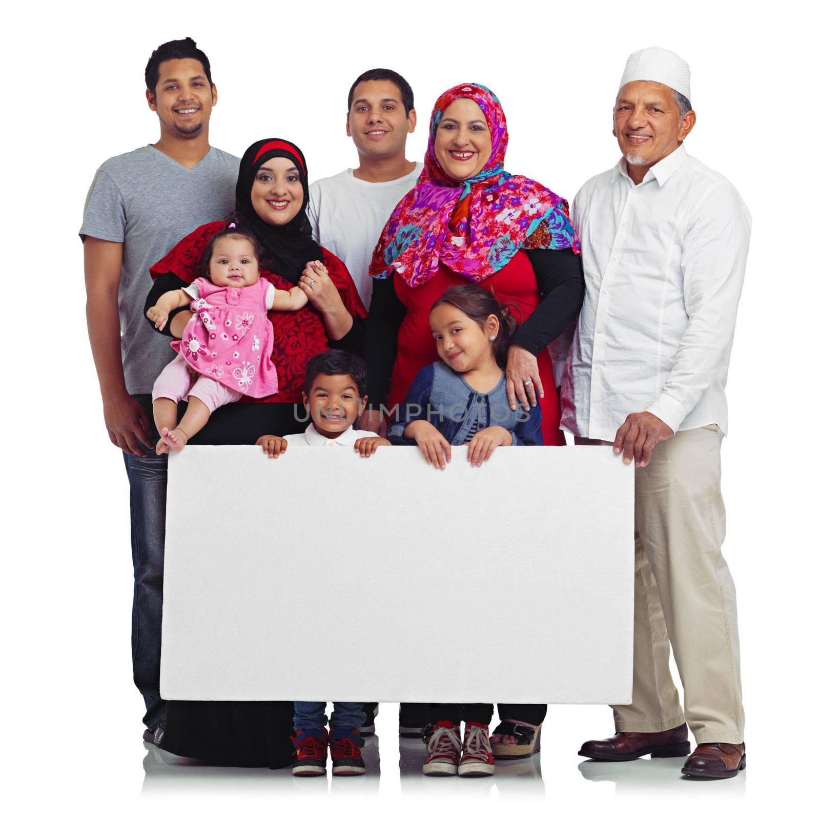 Poster, portrait and muslim family with space for advertising Islam religion with children, men and women. Islamic people and kids with banner sign for eid promotion isolated on a white background by YuriArcurs