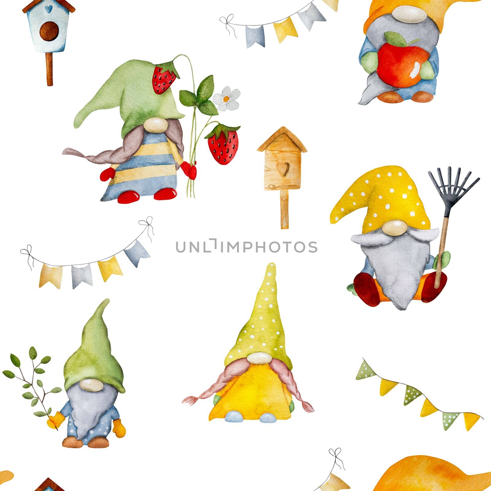 Cute watercolor gnomes dwarfs drawings set on white background for postcards. Troll elfs aquarelle paintings collection