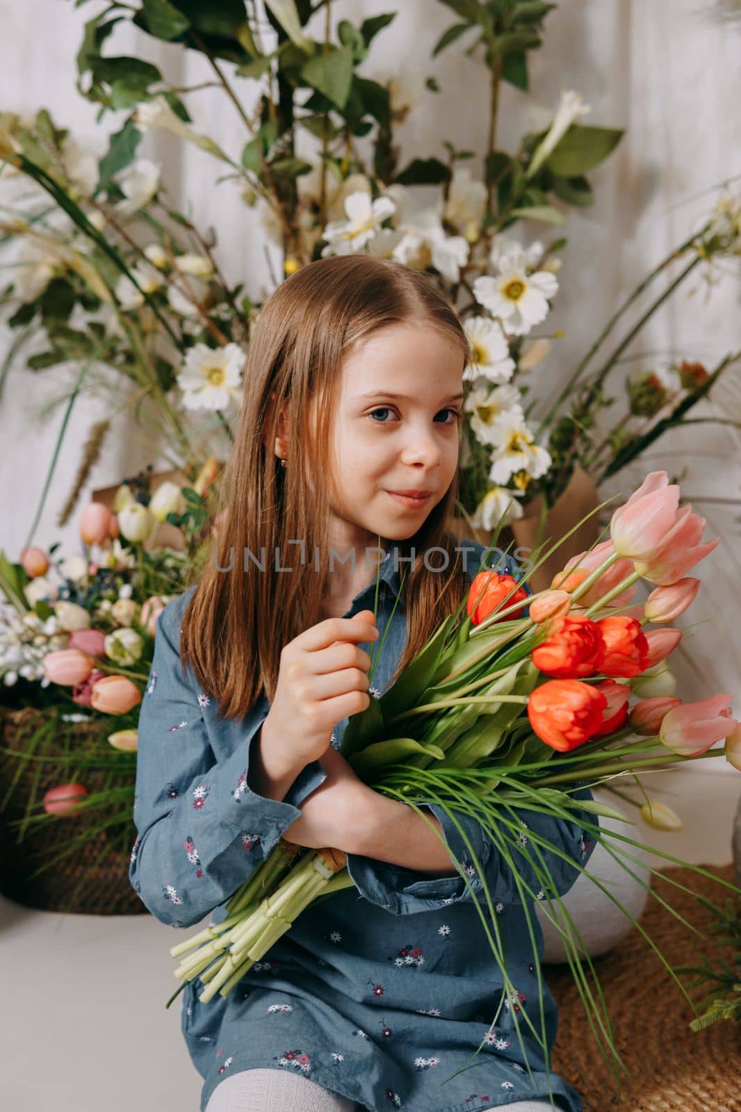 Two girls in a beautiful Easter photo zone with flowers, eggs, chickens and Easter bunnies. Happy Easter holiday