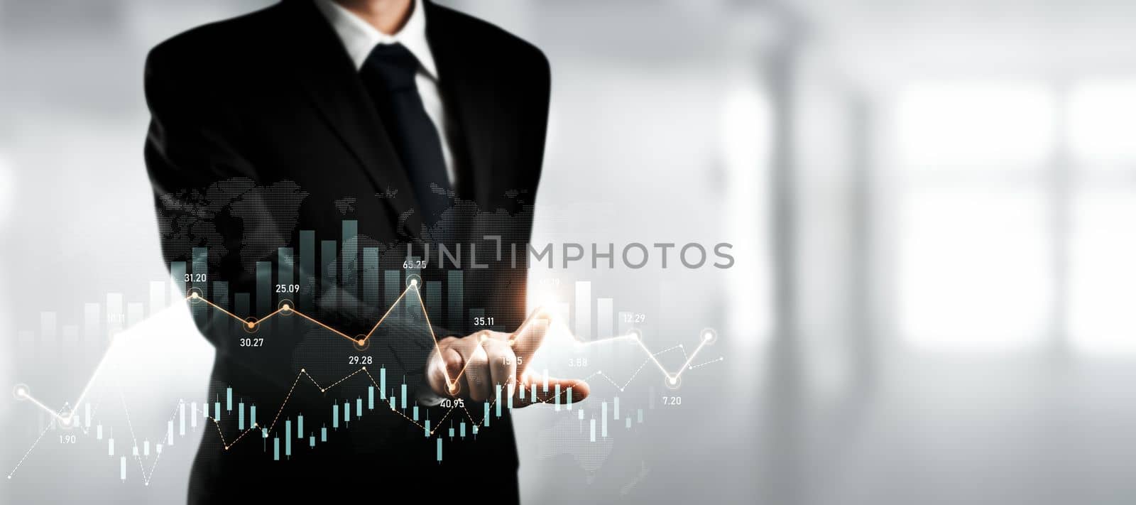 Businessman analyst working with digital finance business data graph showing technology of investment strategy for perceptive financial business decision. Digital economic analysis technology concept.