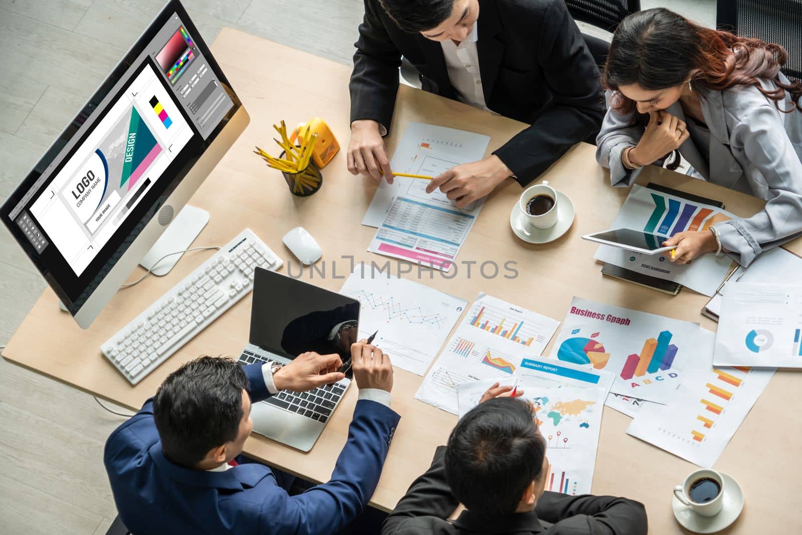 Graphic designer software for modern design of web page and commercial ads showing on the computer screen