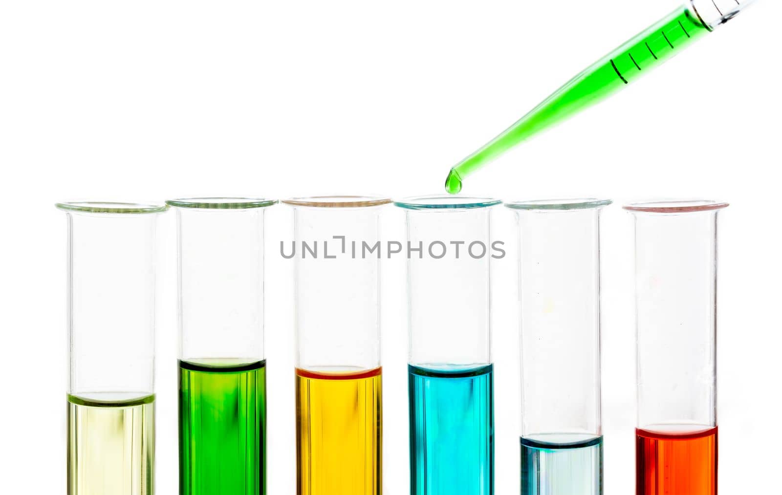 Glass laboratory equipment for science research on white background