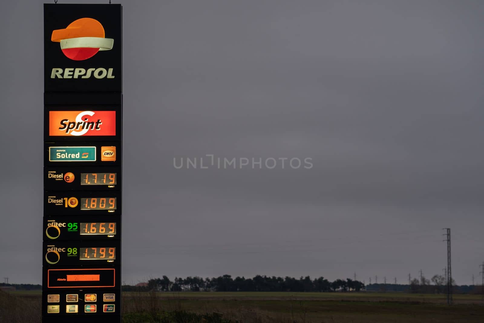 Madrid, Spain – January 10, 2023. Repsol gas pump showing prices per liter for diesel and gasoline.