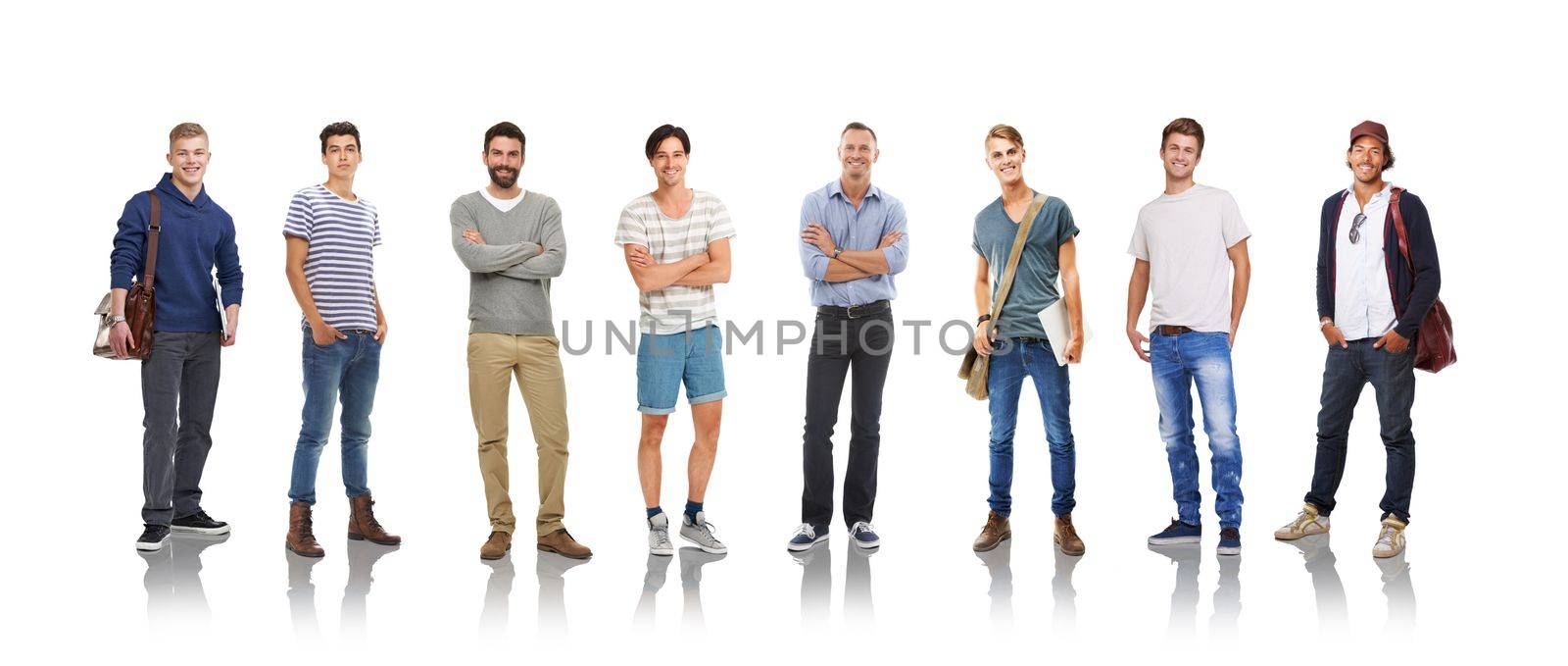 Collage, portrait and diversity with a man model group in studio isolated on a white background for fashion, education or business. Marketing, advertising and men standing in line to promote a brand.