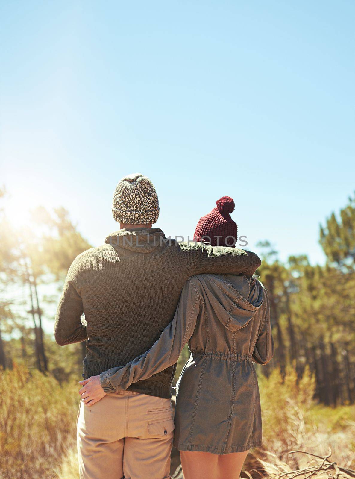 Taking in the beauty around them. Rearview shot of an affectionate young couple hiking. by YuriArcurs