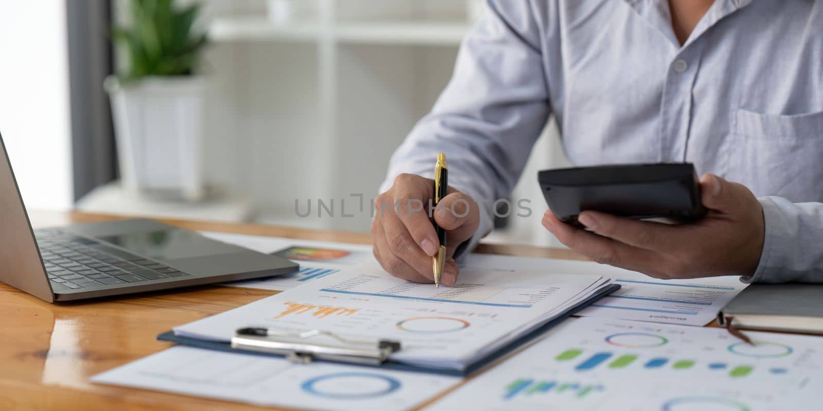 Bookkeeper or financial inspector hands making report, calculating or checking balance. Home finances, investment, economy, saving money or insurance concept.