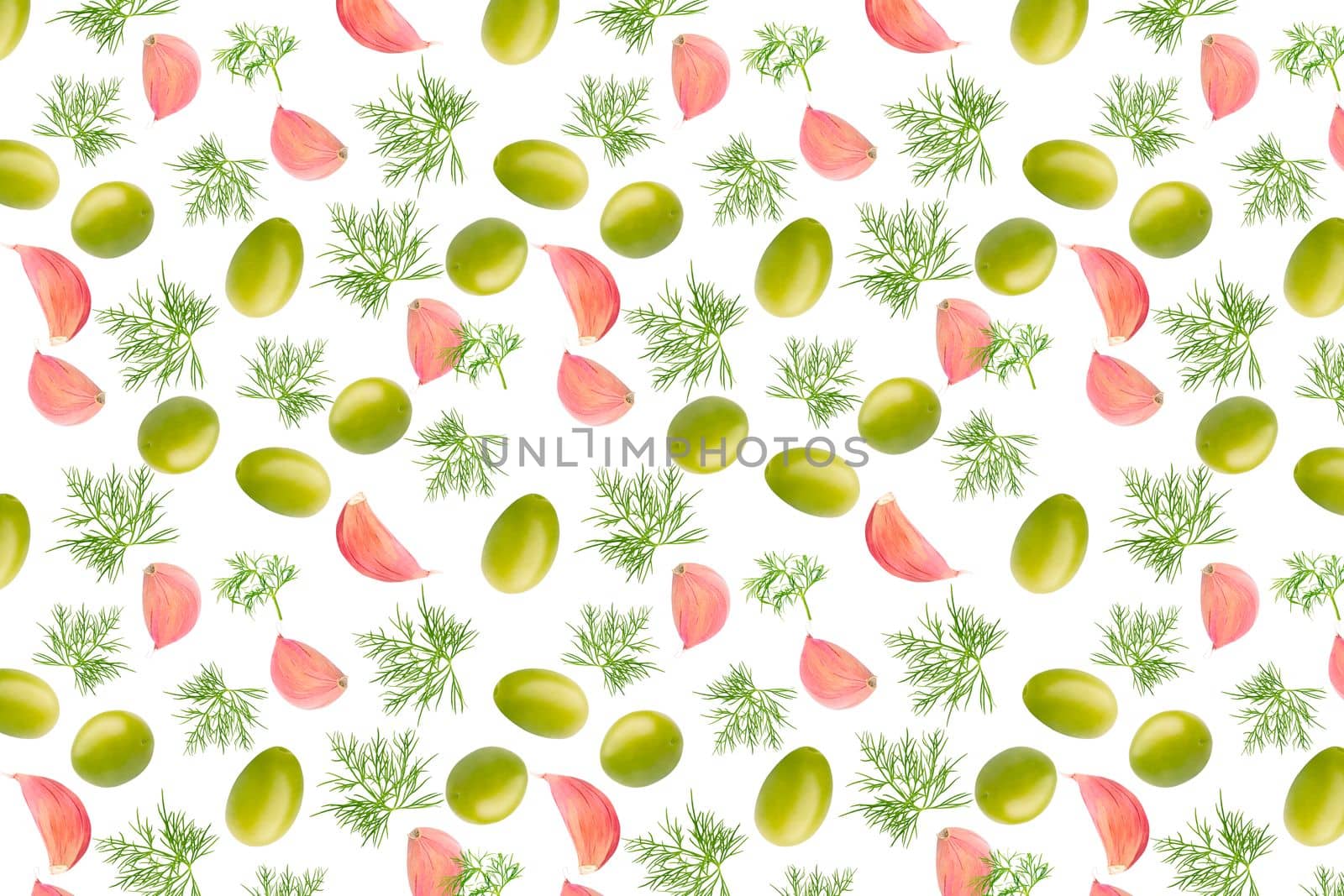 Creative levitation pattern with olives, garlic and dill. Selective focus. Isolated fruit. Packaging texture concept. Banner image for package design.