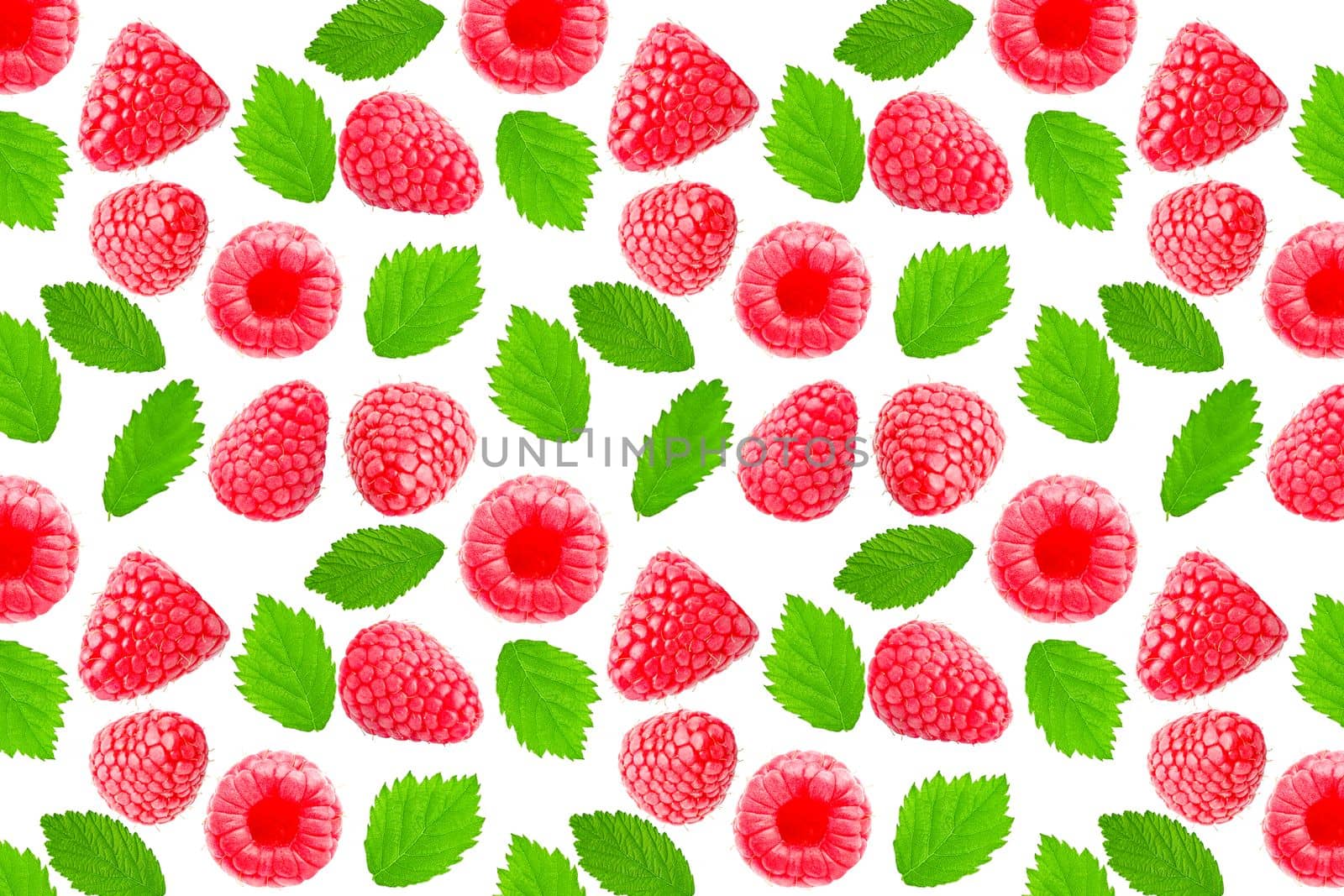 Creative levitation pattern with whole and ripe raspberries. Selective focus. Isolated fruit. Packaging texture concept. Banner image for package design.