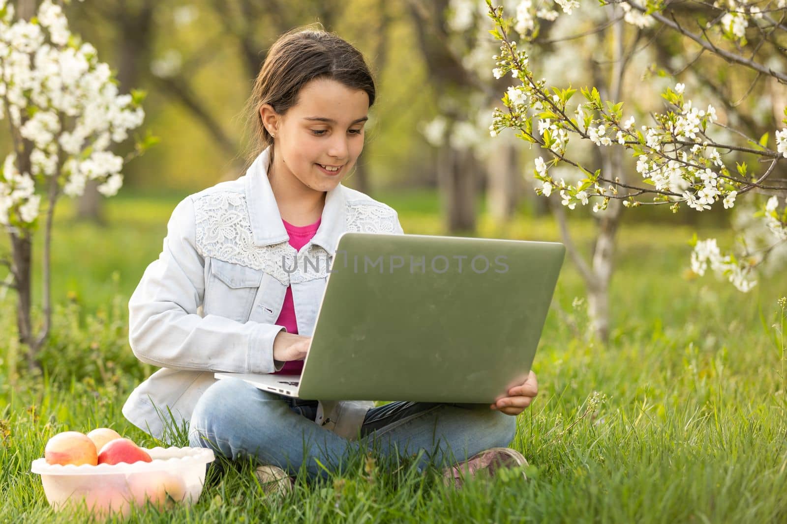 Little girl using laptop computer in a backyard. Child studying at home doing her homework or having online lesson. Homeschooling concept