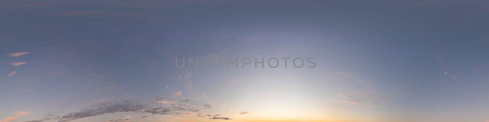 Dark blue sunset sky panorama with pink Cumulus clouds. Seamless hdr 360 pano in spherical equirectangular format. Full zenith for 3D visualization, game, sky replacement for aerial drone panoramas