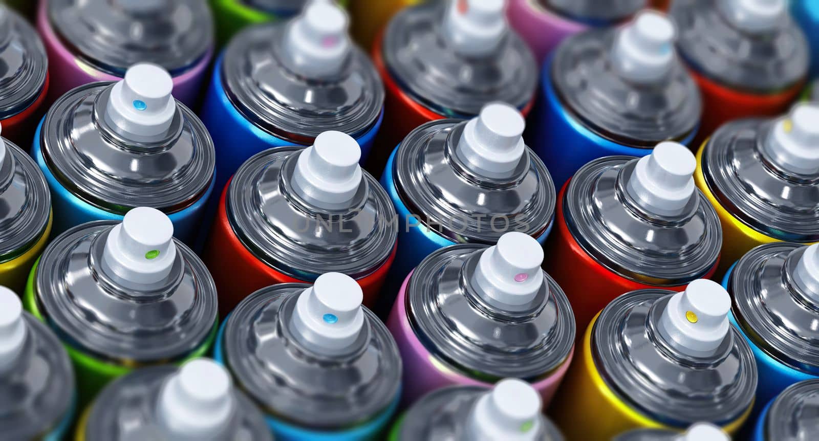 Stack of colorful paint spray bottles. 3D illustration.