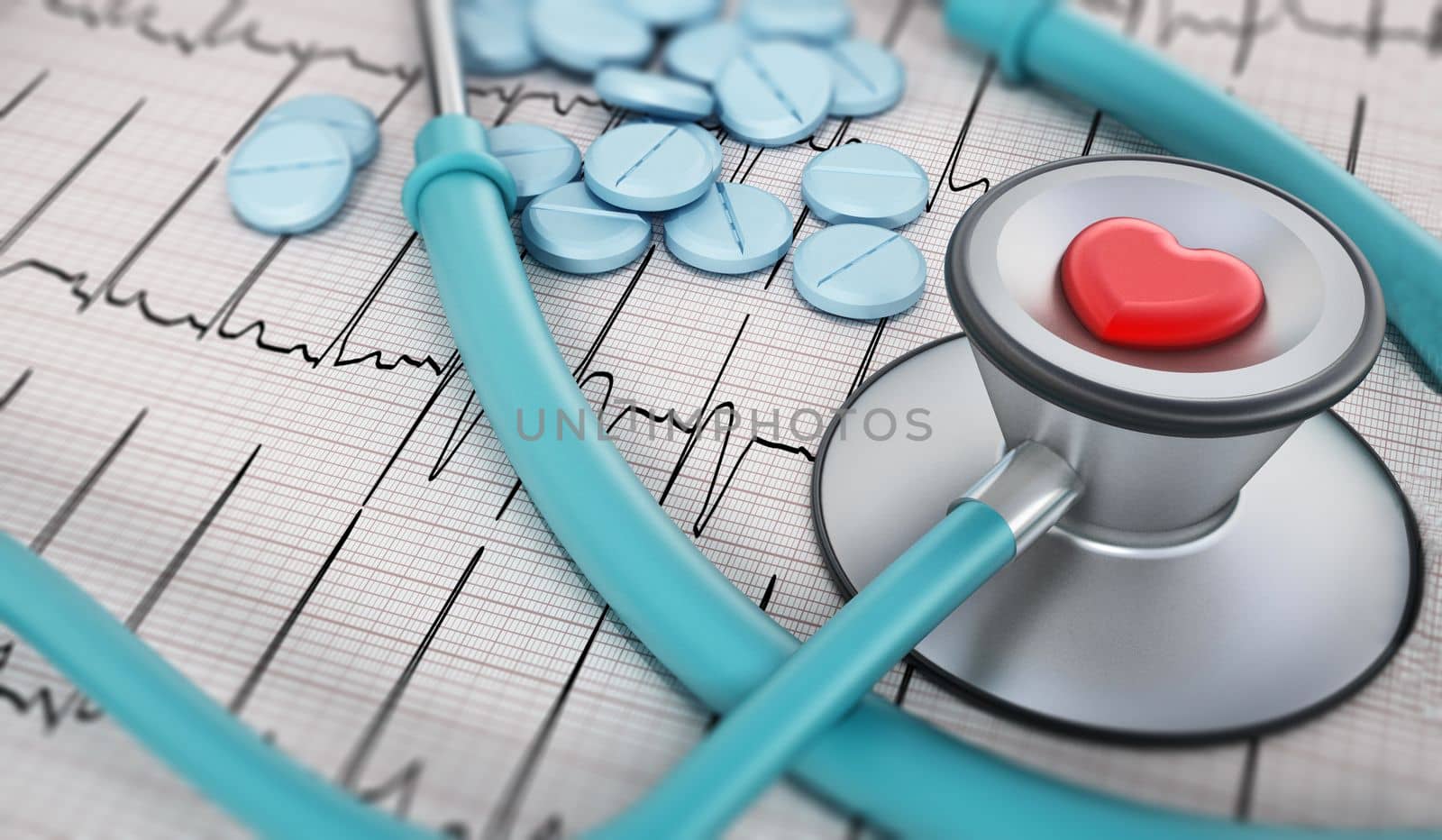 Heart health concept with pills and stethocope on ecg documents. 3D illustration.