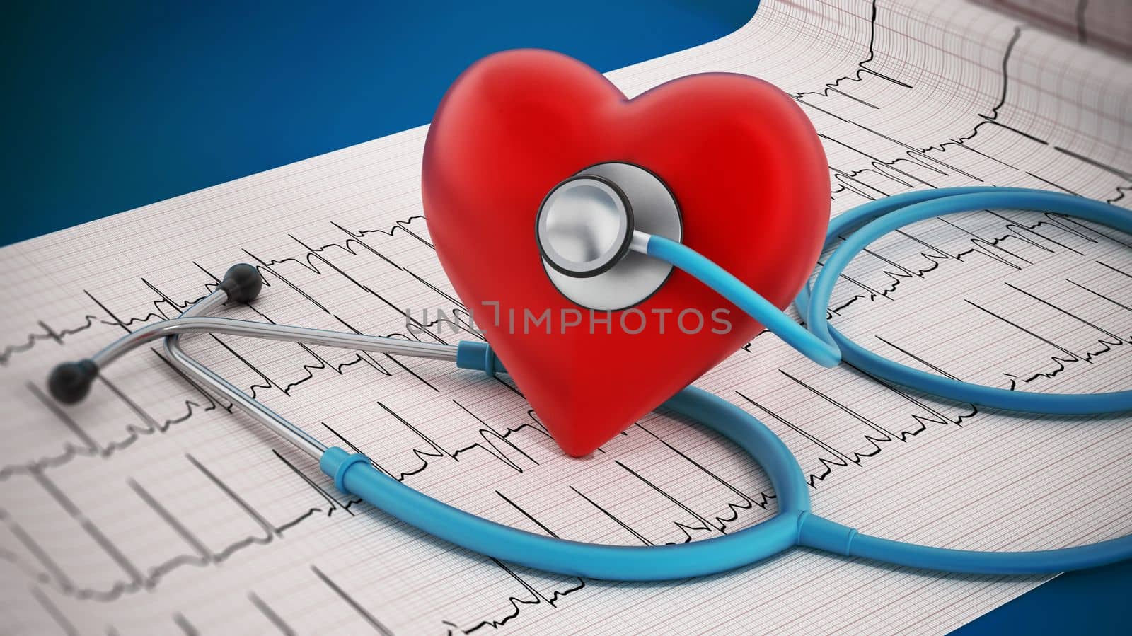 Heart health concept with pills and stethocope on ecg documents. 3D illustration by Simsek