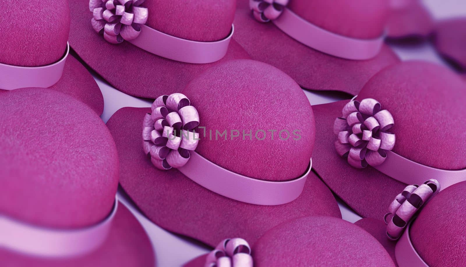 Group of purple women hats with DOF effect. 3D illustration by Simsek