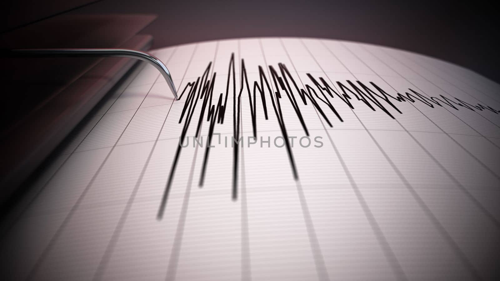 Seismograph data of a large earthquake. Seismic waves on the report page. 3D illustration.