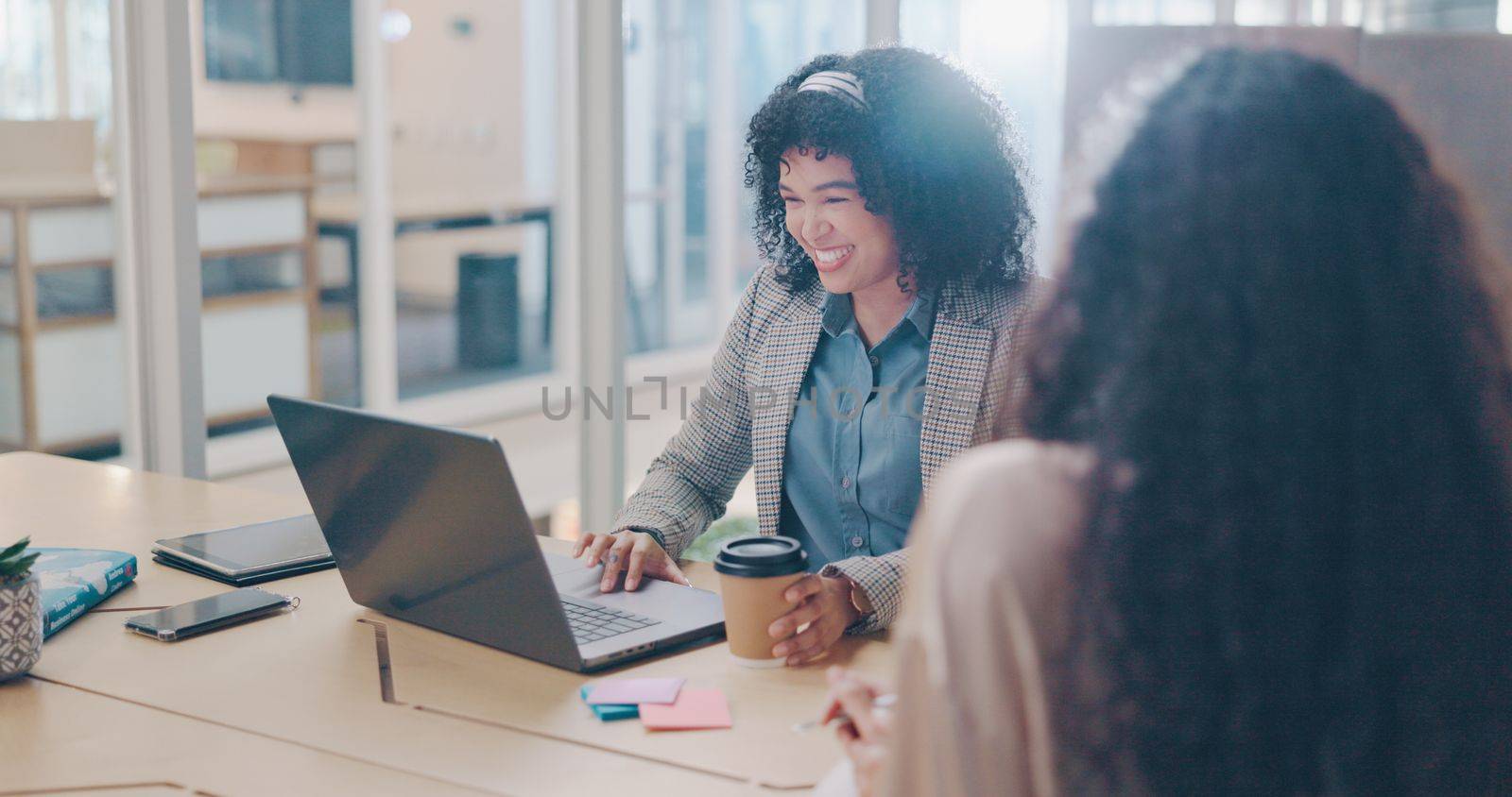 Business women in meeting, communication and partnership for project management with brainstorming plan in workplace. Planning, strategy and agreement, team and conversation in office with laptop