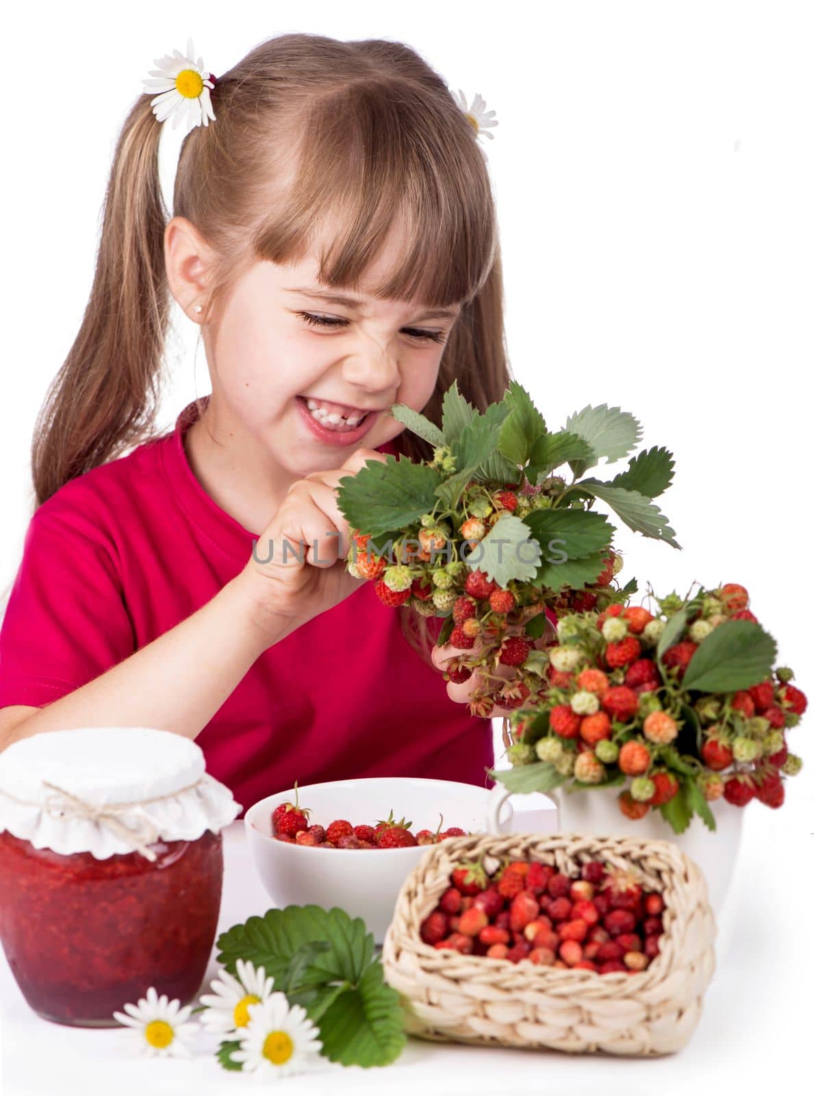 little girl with flowers, strawberries and sweet jam on a white background by aprilphoto