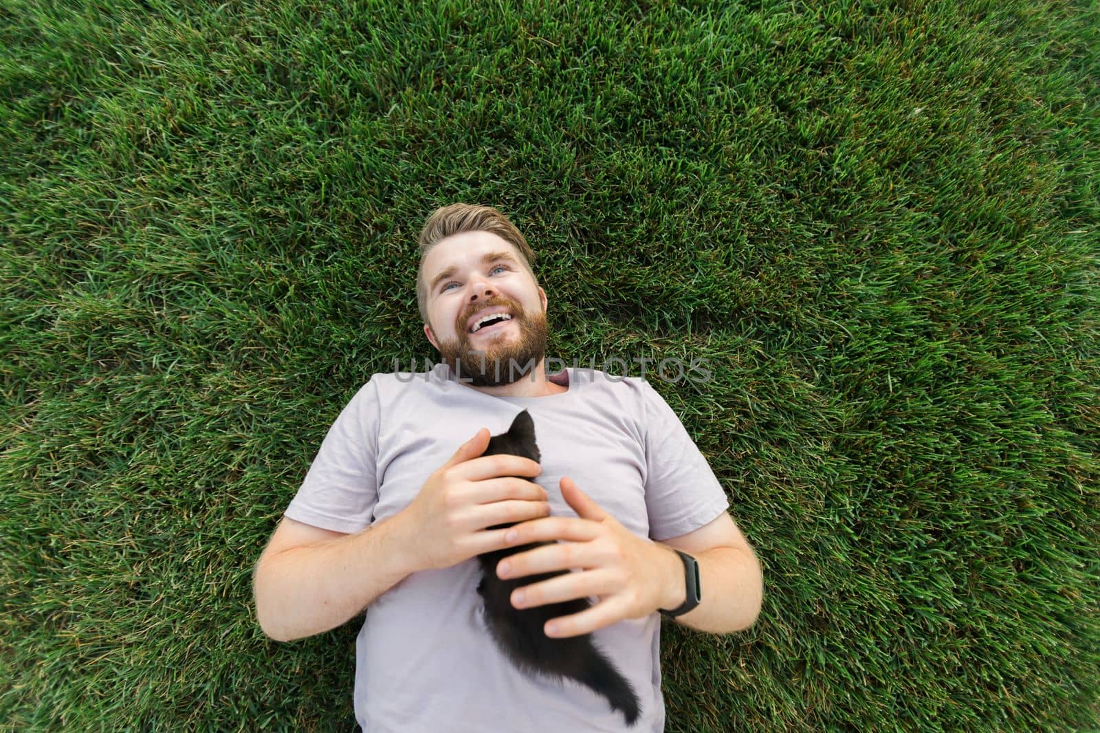 Man with little kitten lying and playing on grass - friendship love animals and pet owner