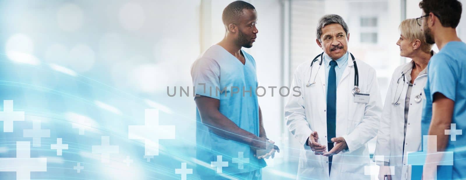 Doctors, nurses and team overlay for healthcare, medical insurance and meeting at hospital. Men and women with teamwork or collaboration talking and planning future medicine, health and wellness by YuriArcurs