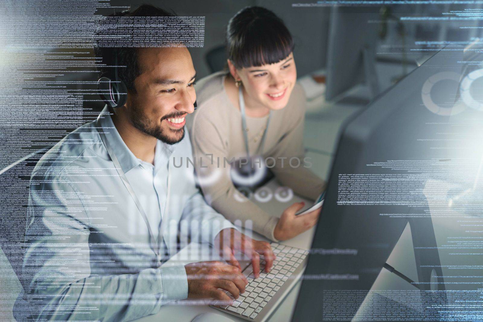 Man, woman and computer in night with overlay, smile and coaching for tech support, data analytics or web. Teamwork, learning and crm training with 3d holographic for collaboration, typing and job.