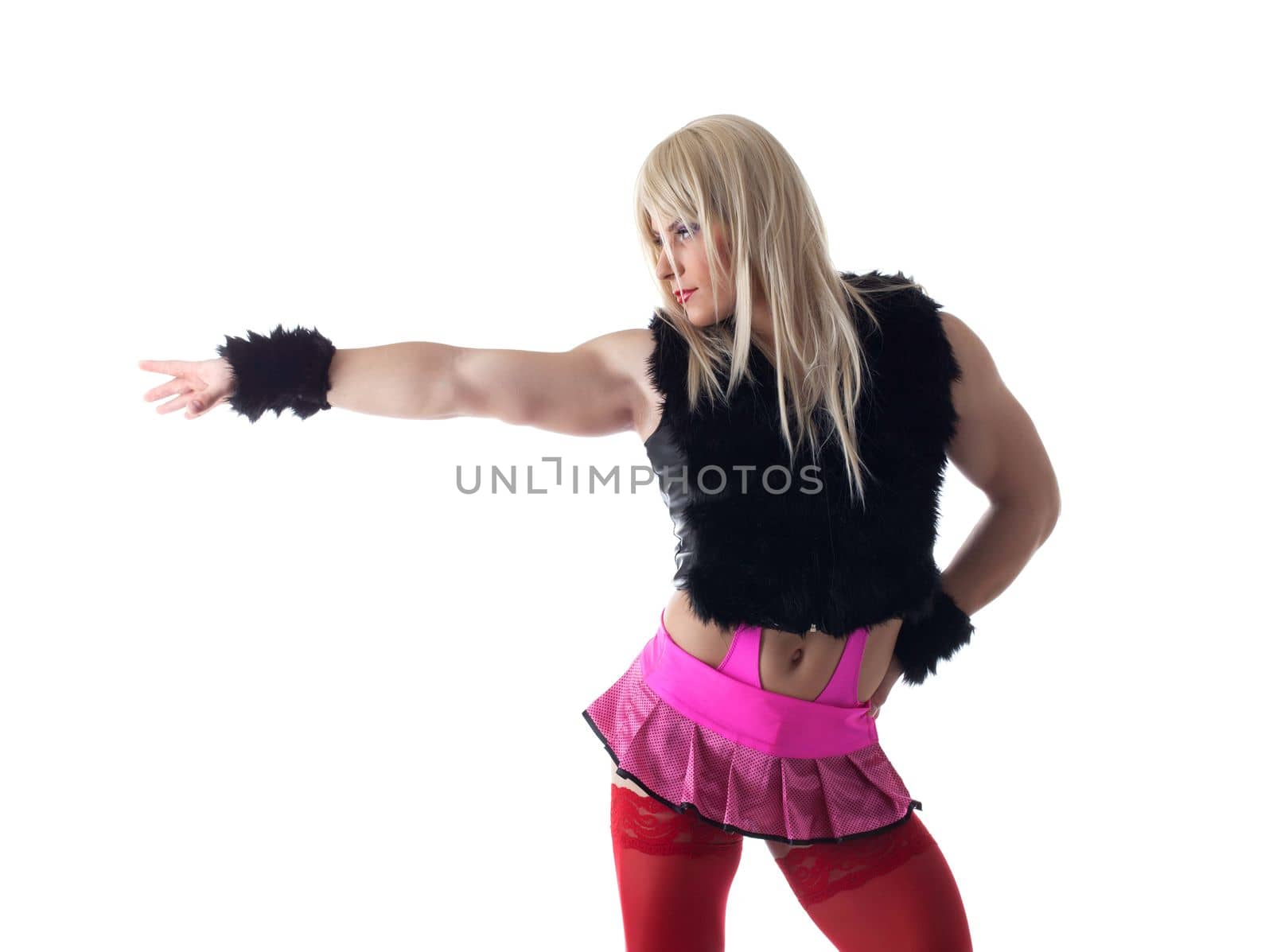 Portrait of transvestite in white wig posing. Isolated on white