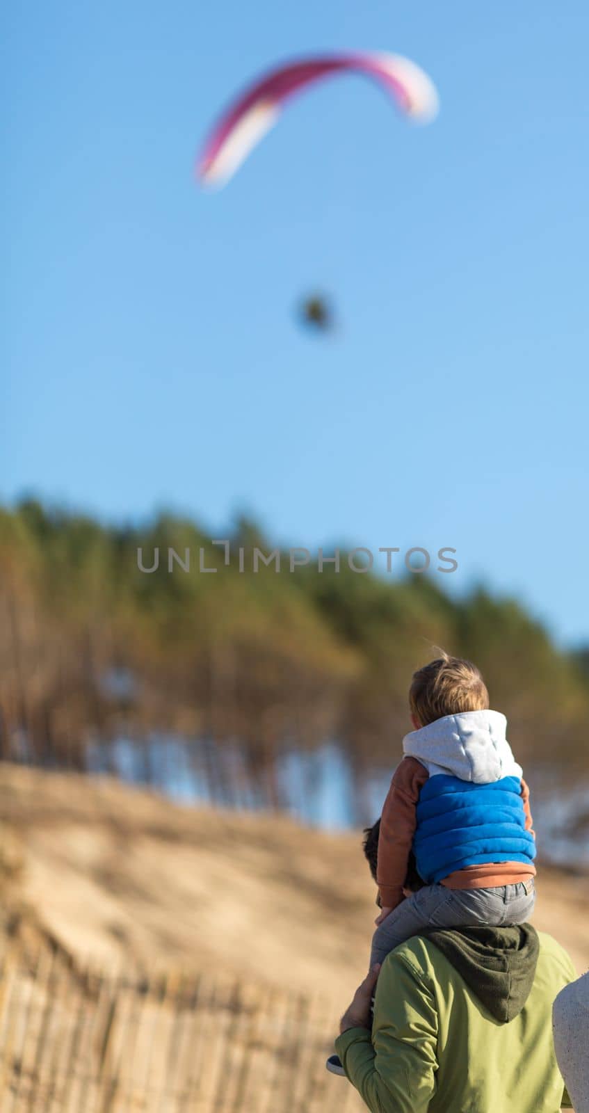 father carrying his little boy on the shoulders a sunny day