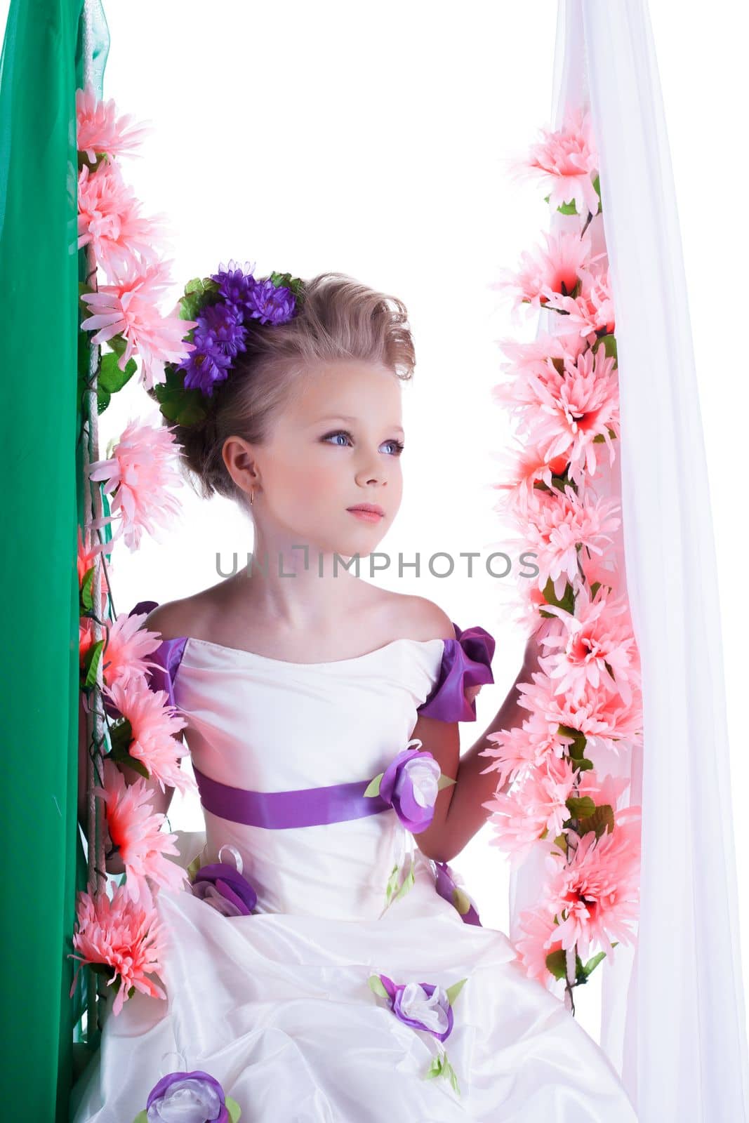 Portrait of lovely girl in smart dress, on white background