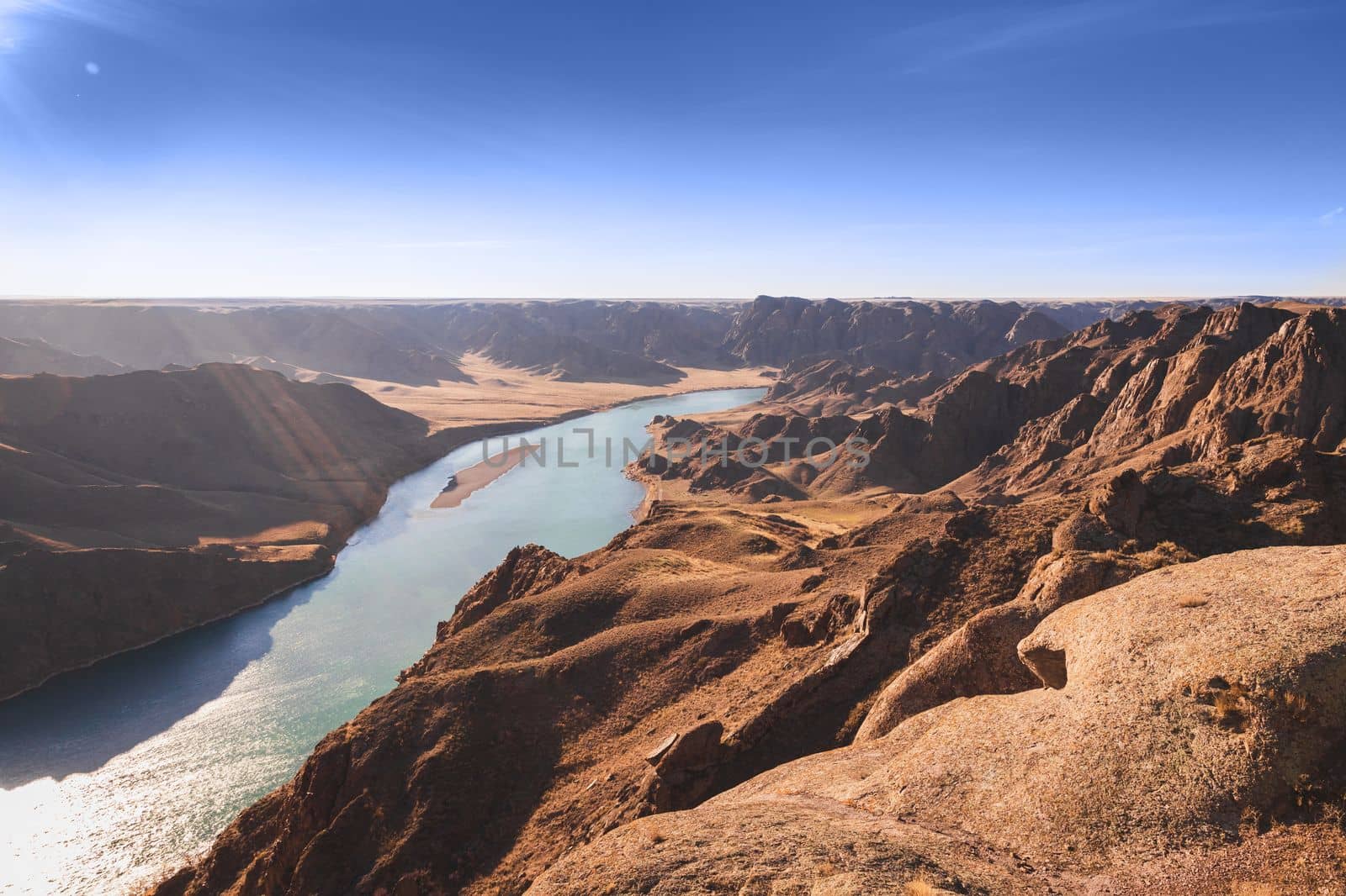 River view in rocky gorge terrain, middle asian nature landscape.