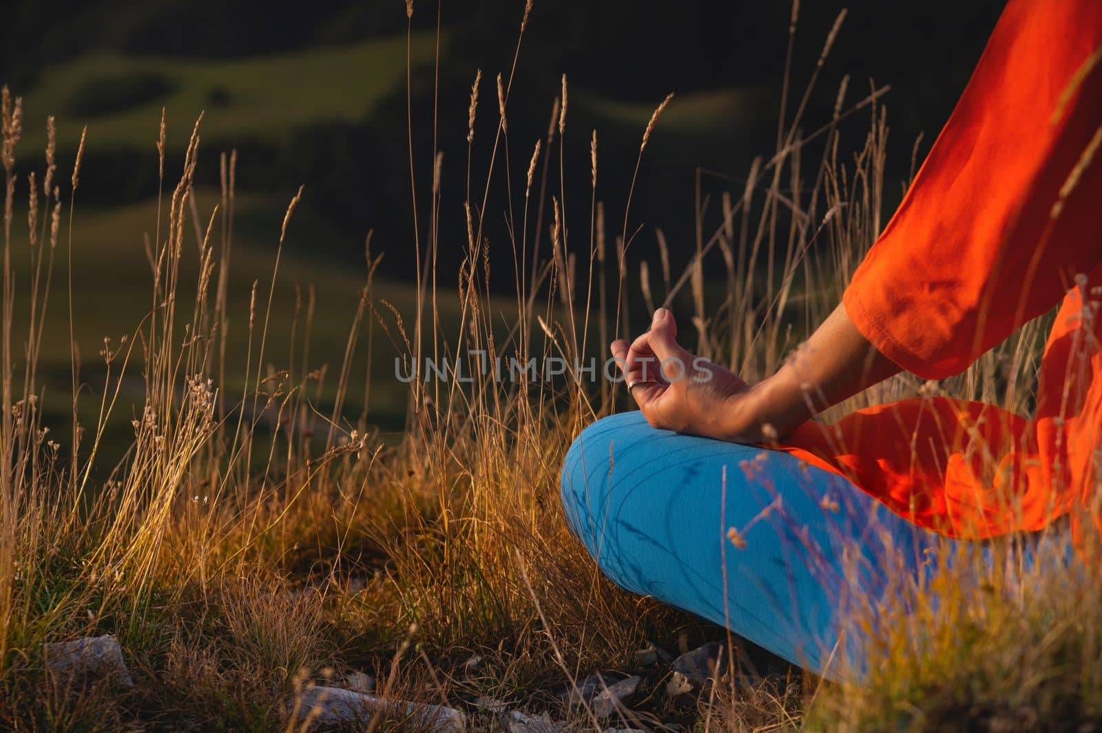 close-up of a woman's hand sitting in a meditation pose and holding mudra with fingers, yoga in the grass.