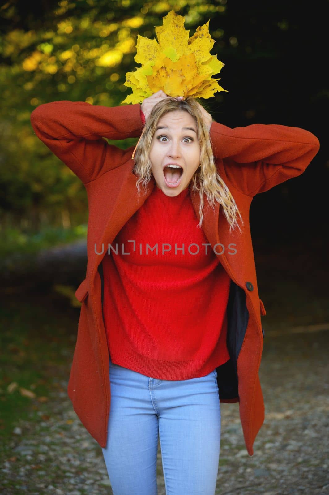 Beautiful young woman is playing with autumn yellow leaves. Portrait of a joyful woman in the autumn park.