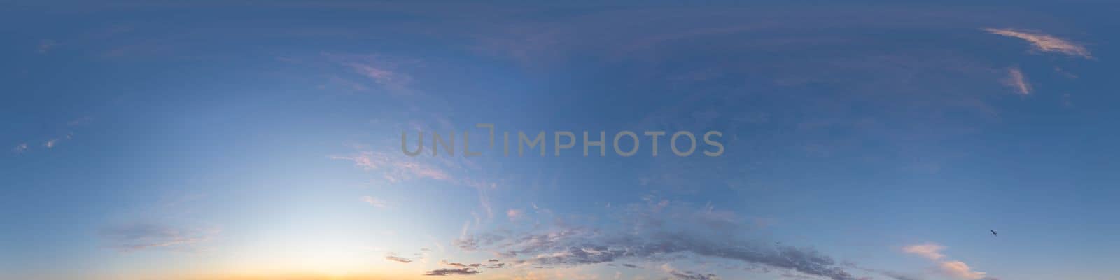 Dark blue sunset sky panorama with pink Cumulus clouds. Seamless hdr 360 pano in spherical equirectangular format. Full zenith for 3D visualization, game, sky replacement for aerial drone panoramas