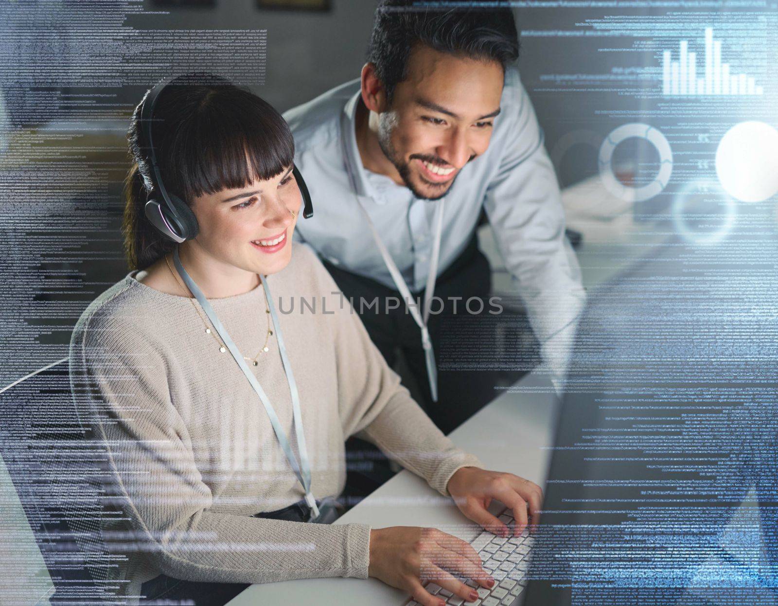 Woman, man and night by computer with overlay, smile and coaching for tech support, data analytics or web. Teamwork, learning and crm training with 3d holographic for collaboration, typing and job.